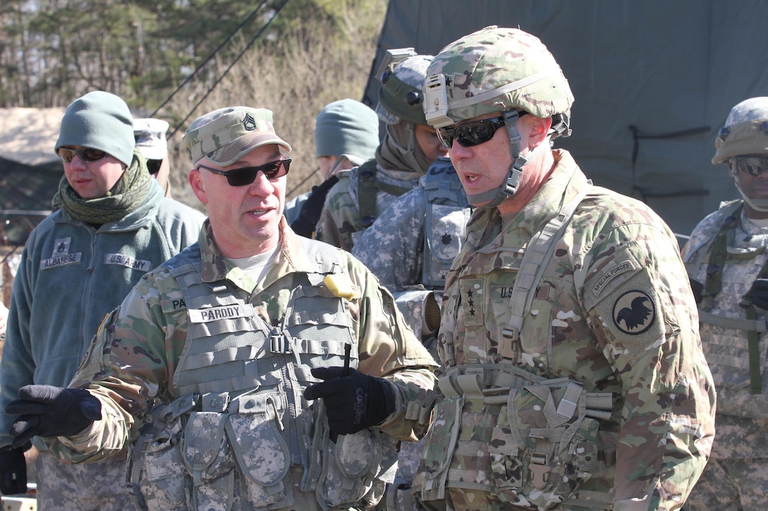U.S. Army Reserve Commanding General, Lt. Gen. Charles Luckey, visits the training areas on Fort McGuire-Dix-Lakehurst during WAREX 78-17-01 on March 23, 2017. Warrior Exercises are designed to prepare units to be combat-ready by immersing them in scenarios where they train, as they would fight. Roughly 60 units from the U.S. Army Reserve, U.S. Army, U.S. Air Force and other components are participating in the WAREX. (U.S. Army photo by Sergeant Philip Scaringi)