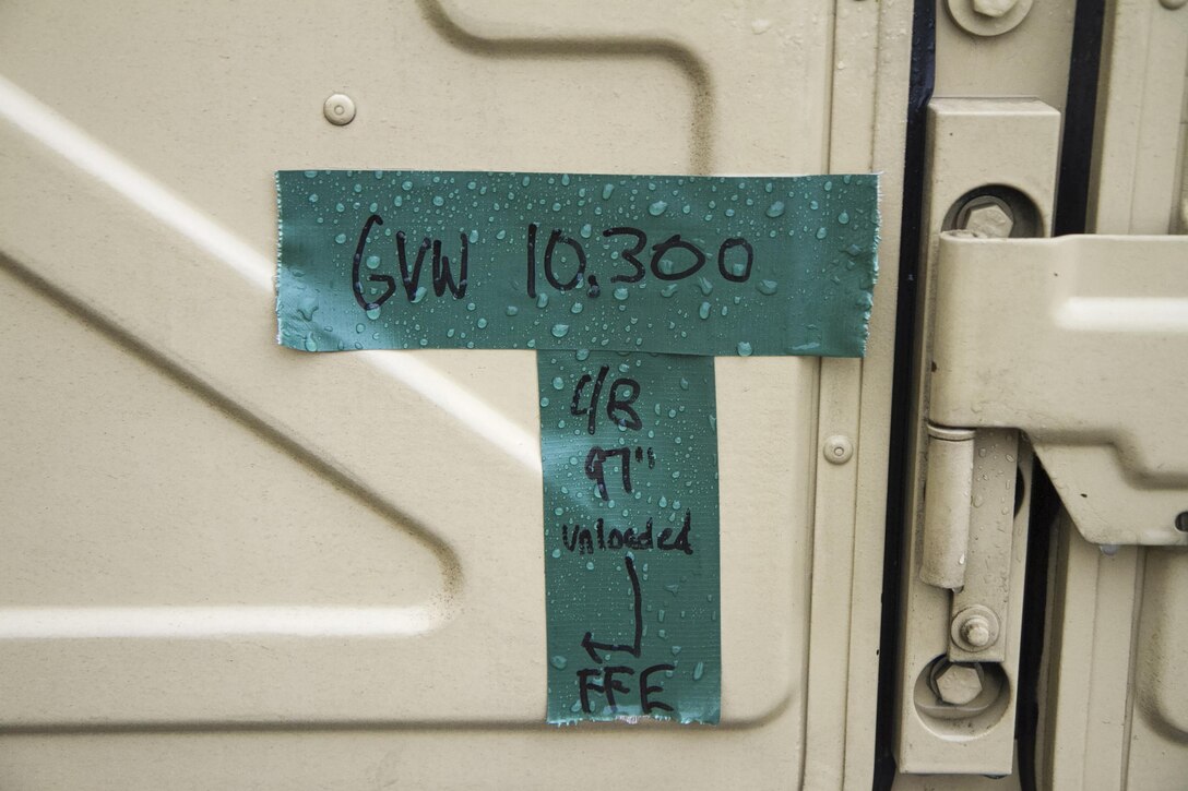 A U.S. Airmen marks the weight of an up-armored Humvee at Joint Base McGuire-Dix-Lakehurst, N.J., during a joint inspection on March 18, 2017. The Airmen, who are assigned to the 621st Contingency Response Wing, spent the day with U.S. Army Reserve Soldiers from the 200th Military Police Command to inspect their up-armored Humvees in preparation for an air-land mission into Lakehurst Maxfield Field to kick off the ground operations of Warrior Exercise 78-17-01, which will be held March 8 to April 1, 2017. Roughly 60 units from the Army Reserve, Army, Air Force, Marine Reserves, and Canadian Armed Forces participated in the training exercise, which is a large-scale collective training event designed to assess units’ combat capabilities as America’s Army Reserve continues to build the most capable, combat-ready and lethal Federal Reserve force in the history of the Nation. (Army Reserve Photo by Master Sgt. Mark Bell / Released)