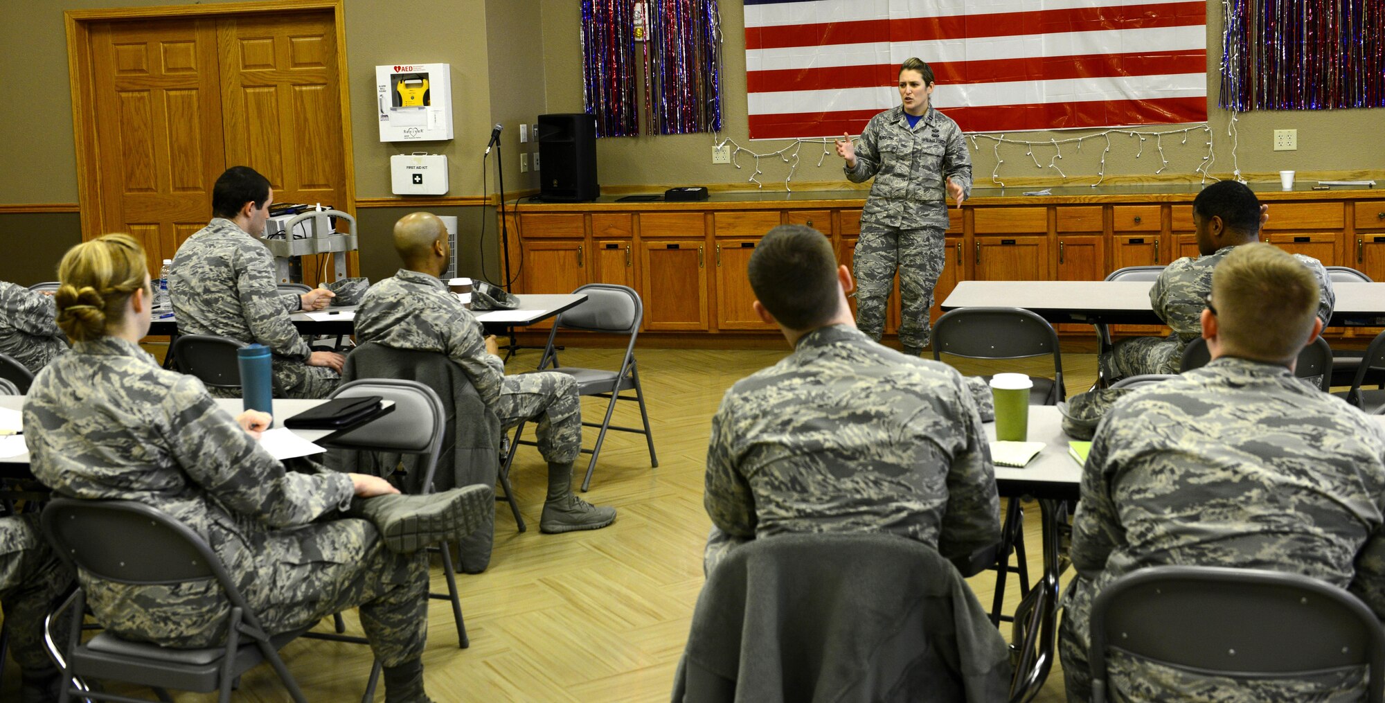 Capt. Carmella Burruss, 22nd Operations Support Squadron deputy chief of wing intelligence and course facilitator, speaks to company grade officers during the First Term Officer’s Course, March 10, 2017, at McConnell Air Force Base, Kan. The first-of-its-kind course provided new officers the opportunity to learn about the base and how to become better leaders. (U.S. Air Force photo/Staff Sgt. Trevor Rhynes)