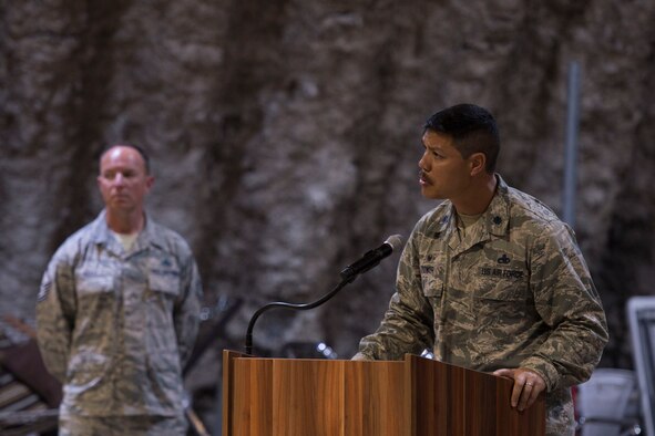 Lt. Col. Paul Tower, 332nd Expeditionary Maintenance Squadron commander, speaks during a fallen warrior memorial ceremony Mar. 23, 2017, in Southwest Asia.Tower spoke about Staff Sgt. Alexandria Morrow, 332nd Expeditionary Maintenance Squadron weapons load crew chief, who died from injuries sustained while performing work duties in support of Operation Inherent Resolve. (U.S. Air Force photo by Staff Sgt. Eboni Reams)