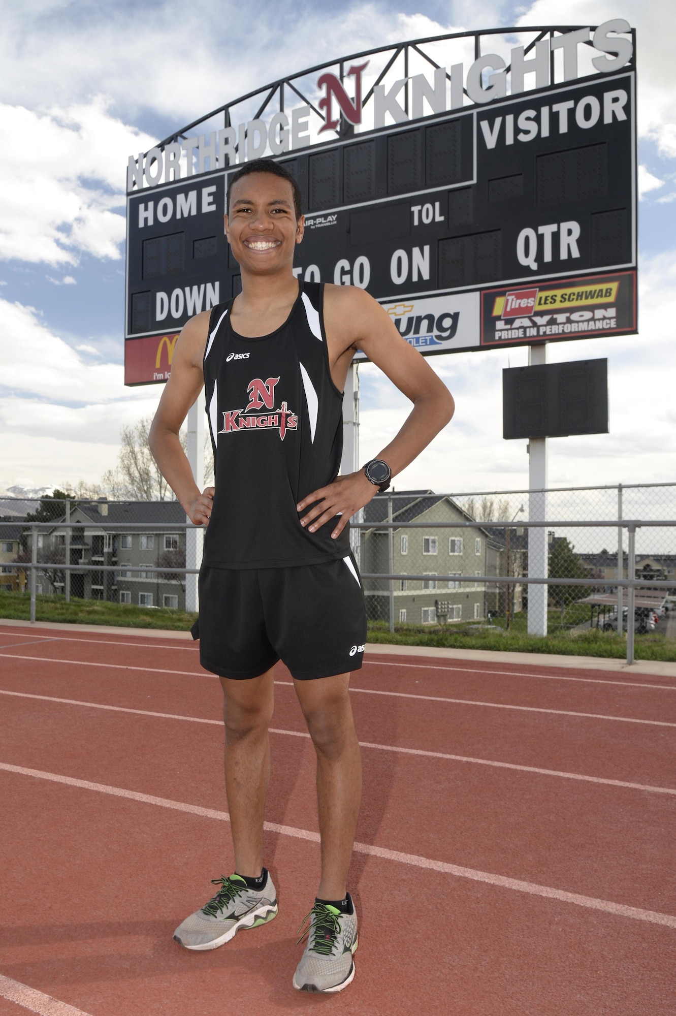 Jamal Braxton poses on the track at Northridge High School in Layton, Utah, March 21. Braxton recently was named the 2017 Operation Homefront Air Force Military Child of the Year. (Air Force photo/Todd Cromar)
