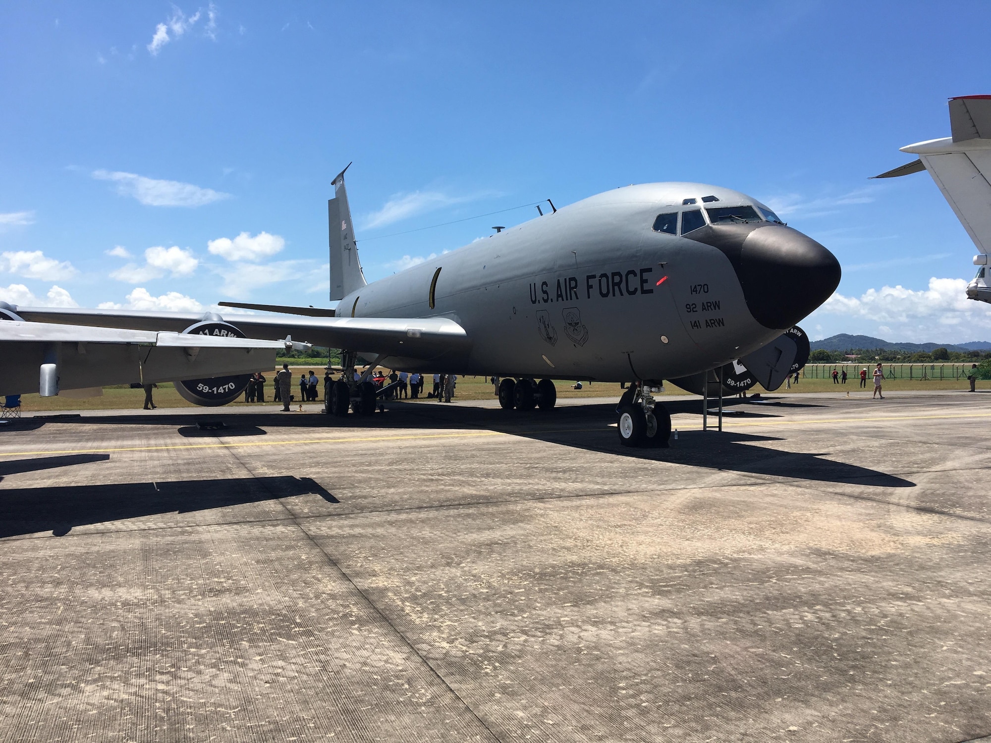 A U.S. Air Force KC-135 Stratotanker refueler with the 141st Air Refueling Wing of the Washington Air National Guard from Fairchild Air Force Base, Washington, is displayed during the Langkawi International Maritime and Aerospace Exhibition (LIMA) 2017 in Sirat, Malaysia, March 21, 2017. Events such as LIMA contribute to increased interoperability and security throughout the Indo-Asia-Pacific region. LIMA presents an opportunity for participants to focus on strengthening military-to-military ties. (U.S. Air Force photo by Capt Jessica Clark)