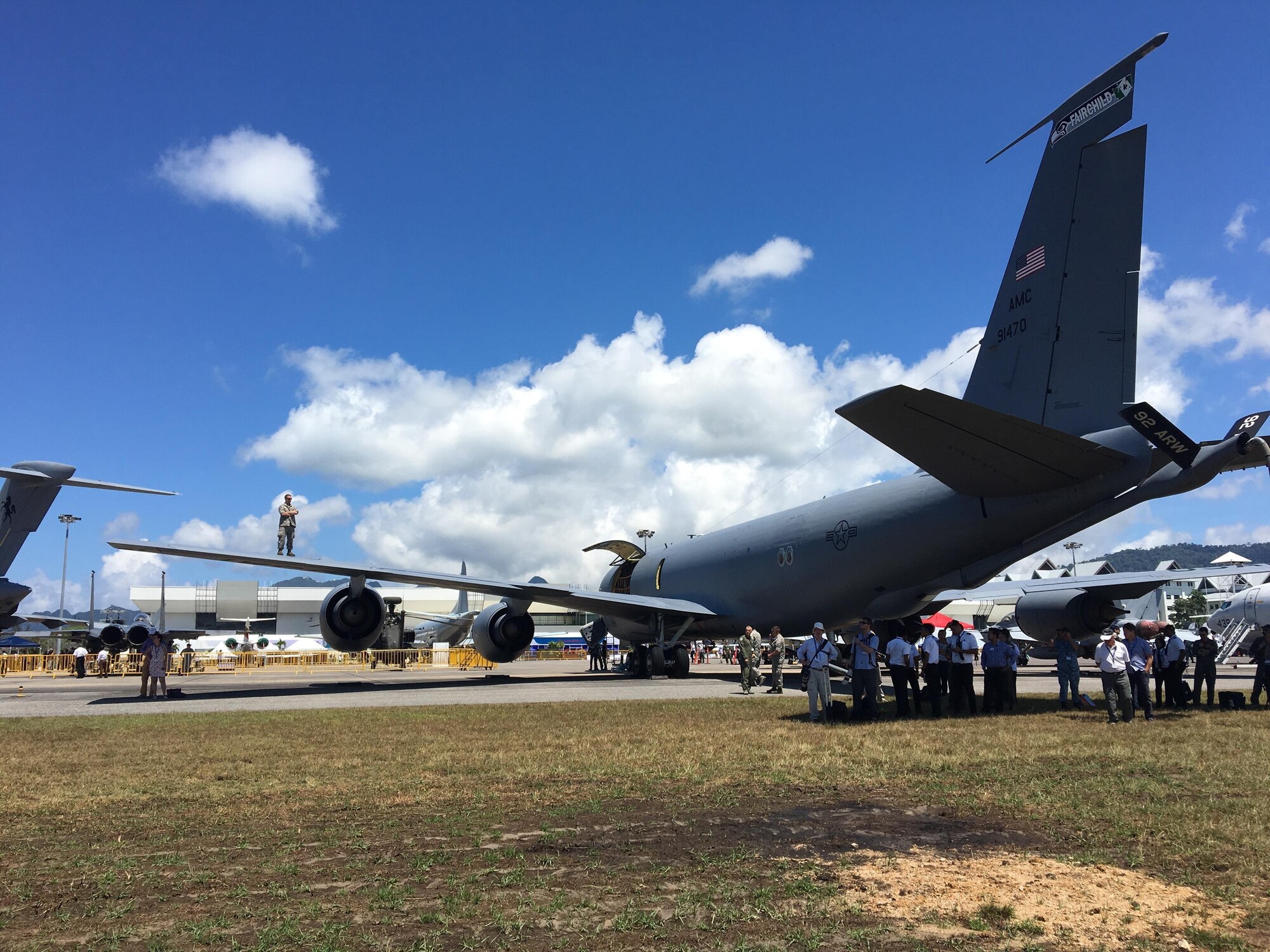 A U.S. Air Force KC-135 Stratotanker refueler with the 141st Air Refueling Wing of the Washington Air National Guard from Fairchild Air Force Base, Washington, is displayed during the Langkawi International Maritime and Aerospace Exhibition (LIMA) 2017 in Sirat, Malaysia, March 21, 2017. Events such as LIMA contribute to increased interoperability and security throughout the Indo-Asia-Pacific region. LIMA presents an opportunity for participants to focus on strengthening military-to-military ties. (U.S. Air Force photo by Capt Jessica Clark)