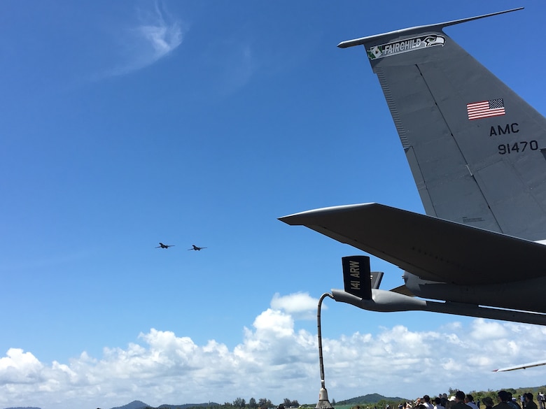 Two U.S. Air Force B-1B Lancer bomber aircraft with the 7th Bomb Wing, 9th Expeditionary Bomb Squadron from Dyess Air Force Base, Texas, currently deployed to Andersen Air Force Base in Guam, conduct a flyover during Langkawi International Maritime and Aerospace Exhibition (LIMA) 2017, Langkawi Island, Malaysia, March 21, 2017. LIMA is the premier aerospace and maritime exhibition in Malaysia. The biennial event helps grow military-to-military relationship between participants. The B-1 is a highly versatile, multi-mission weapon system that can rapidly deliver massive quantities of precision and non-precision weapons against any adversary. The B-1 is a key component to improving both joint service and ally interoperability. The rotation of this aircraft supports U.S. Pacific Command’s Continuous Bomber Presence, and is specifically designed to demonstrate the commitment of the U.S. to the Indo-Asia-Pacific region and regional security. (U.S. Air Force photo by Capt. Jessica Clark)