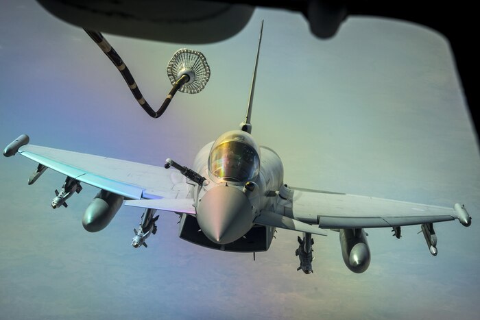 A U.S. Air Force KC-10 Extender refuels a British aircraft during a sortie to support Combined Joint Task Force Operation Inherent Resolve over Iraq, March 22, 2017. Extenders have provided fuel to coalition aircraft to weaken and destroy the Islamic State in Iraq and Syria. Air Force photo by Senior Tyler Woodward