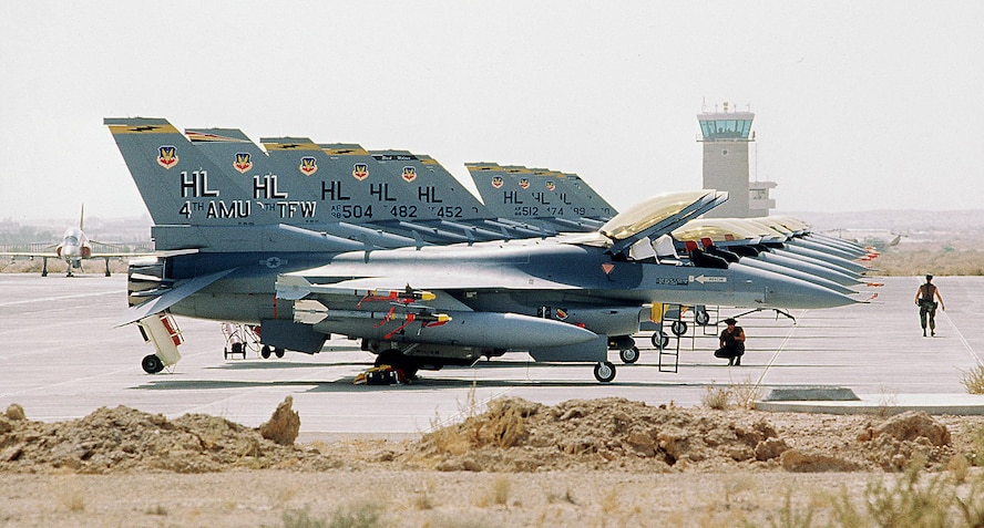 F-16C Fighting Falcon aircraft of the 388th Tactical Fighter Wing line an airfield during Operation Desert Shield. (U.S. Air Force photo)