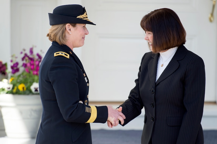 Second Lady Karen Pence, right, welcomes the Army’s chief legislative liaison, Maj. Gen. Laura Richardson, to the vice president’s residence, in Washington, March 23, 2017. Pence gathered service members from the five armed services for a Women’s History Month celebration at One Observatory Circle. DoD photo by EJ Hersom