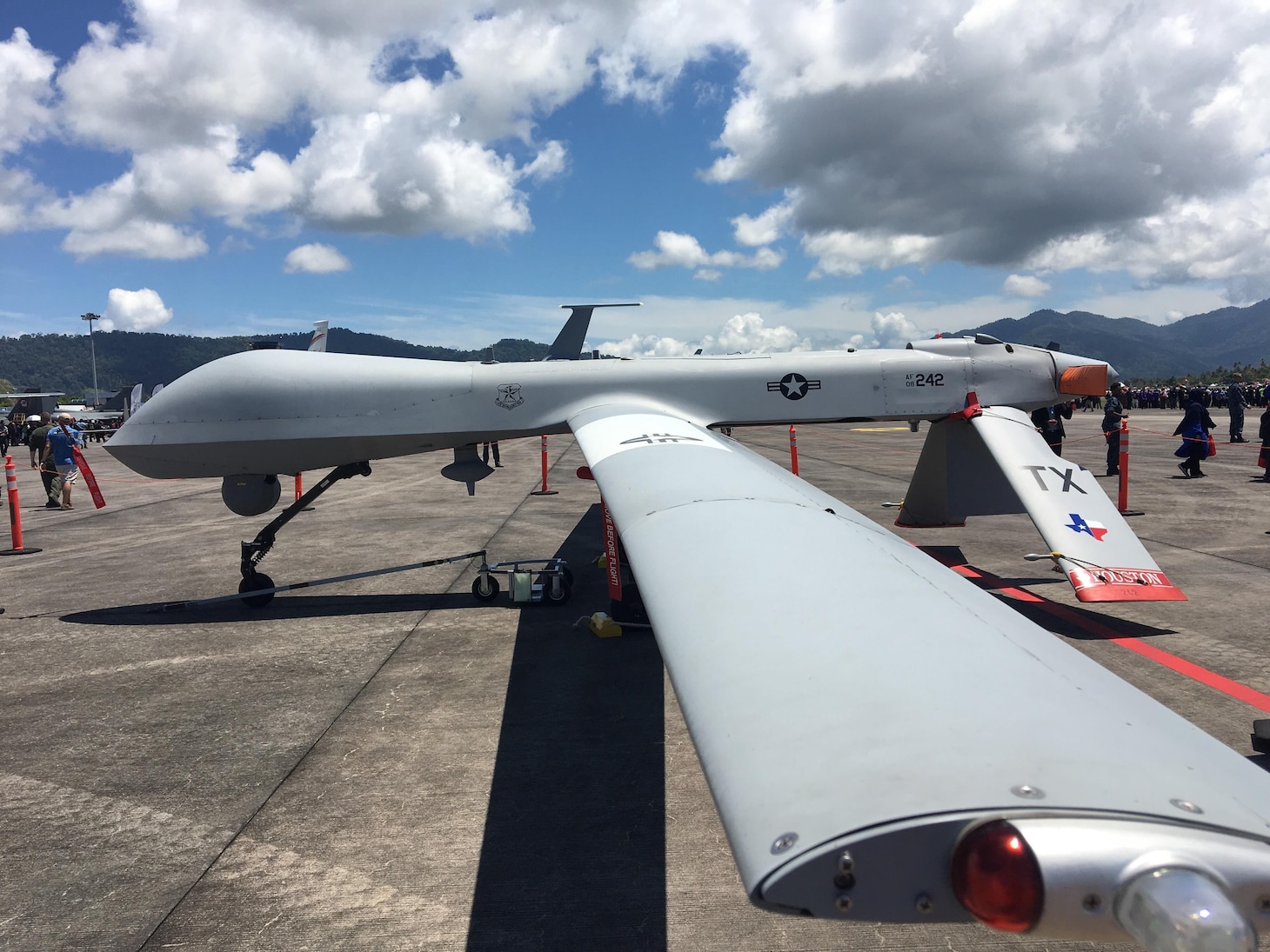 A U.S. Air Force MQ-1B Predator remote piloted aircraft with the 147th Air Reconnaissance Wing of the Texas Air National Guard is on display at the Langkawi International Maritime and Aerospace Expedition (LIMA) 2017, in Sirat, Malaysia, March 21, 2017. Events such as LIMA contribute to increased interoperability and security throughout the Indo-Asia-Pacific region. LIMA presents an opportunity for participants to focus on strengthening military-to-military ties. (U.S. Air Force photo by Capt Jessica Clark)