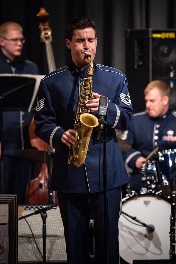 The newest member of the Airmen of Note is out in front of the group for a solo at Damascus High School on March 16. TSgt Cemprola had a prestigious career as both a professor and performer prior to joining the Air Force. (US Air Force photos/CMSgt Kamholz/released)