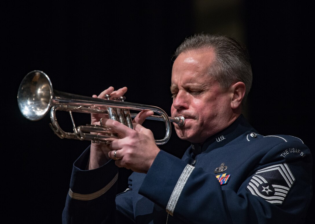 Here is a close up of CMSgt Burns playing trumpet on the Airmen of Note concert at Damascus High School on March 16. (US Air Force photos/CMSgt Kamholz/released)