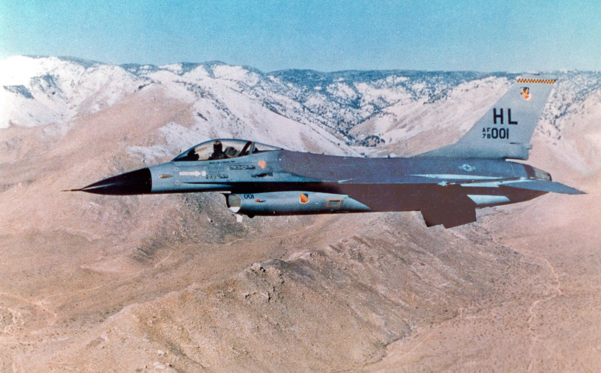 An early combat-coded F-16 Fighting Falcon aircraft in flight. (Courtesy photo) 