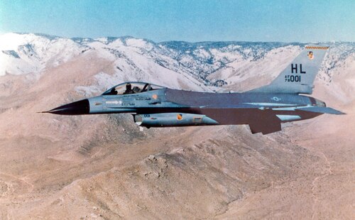 An early combat-coded F-16 Fighting Falcon aircraft in flight. (Courtesy photo) 