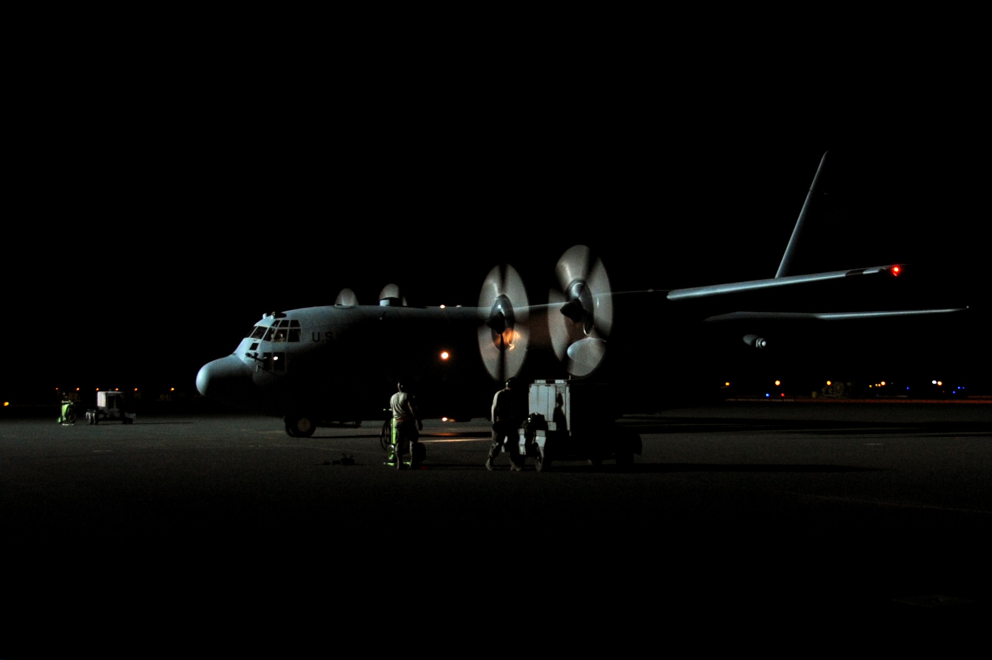 A 130H Hercules taxies on the flightline Mar. 3, 2017 at an undisclosed location in Southwest Asia. The 737th Air Expeditionary Squadron flies these aircraft to deliver cargo and personnel downrange in support of Operation Inherent Resolve.   (U.S. Air Force photo/Tech. Sgt. Kenneth McCann)
