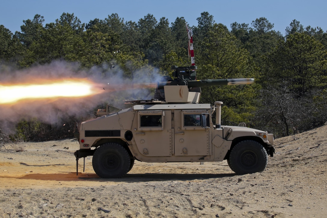 An Army National Guardsman fires a Humvee-mounted BGM-71 anti-tank missile during training at Joint Base McGuire-Dix-Lakehurst, N.J., March 23, 2017. Air National Guard photo by Master Sgt. Matt Hecht