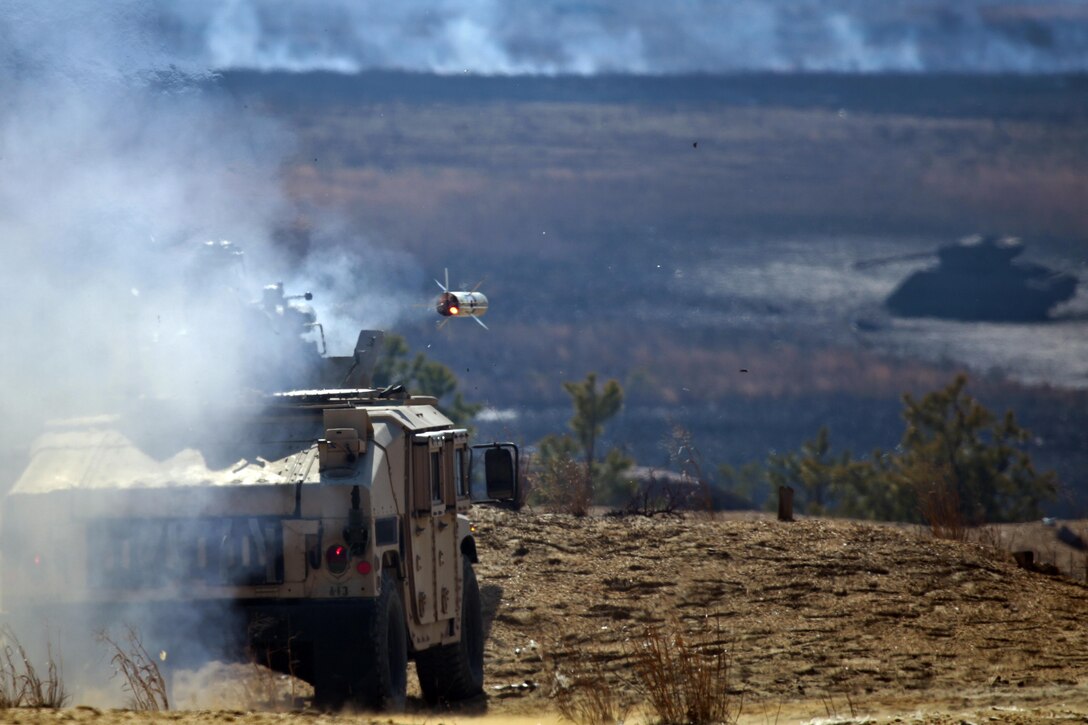 An Army National Guardsman fires a Humvee-mounted BGM-71 anti-tank missile during training at Joint Base McGuire-Dix-Lakehurst, N.J., March 23, 2017. Air National Guard photo by Master Sgt. Matt Hecht