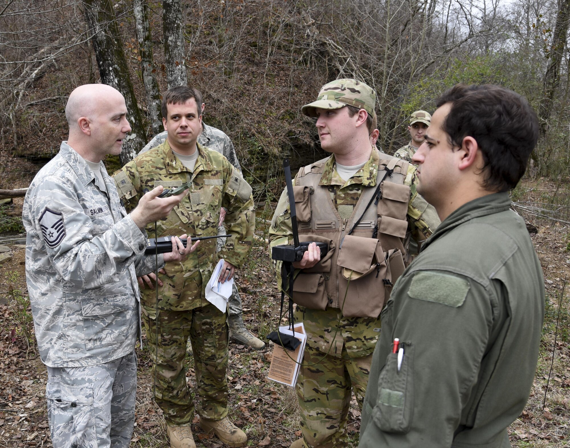 Airmen from the 117th Air Refueling Wing conduct survival training in Hanceville, Ala., Feb. 12, 2017.  The survival course instructed Airmen how to navigate unknown terrain in order to find a safe landing zone to be extracted by helicopter.  The training is mandatory every three years to maintain mission readiness.  (U.S. Air National Guard photo by Staff Sgt. Jeremy Farson)