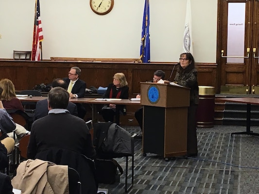 Barbara Blumeris, New England District's Study Manager, presents her briefing during the New Haven Harbor Public Information Session, Jan. 24, 2017.