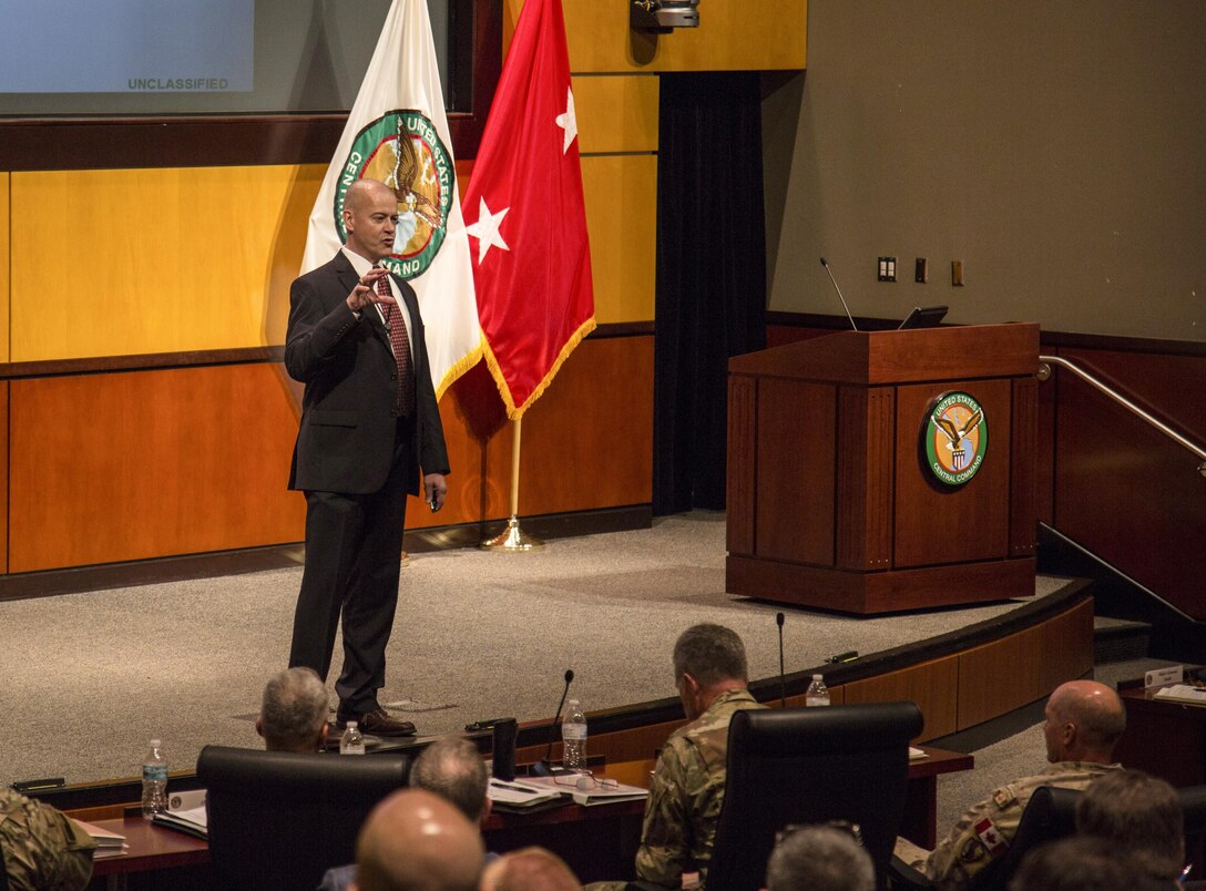 Mr. Phil Maxwell, USCENTCOM Chief Plans, Policy and Programs discusses security cooperation planning guidance during the 2017 USCENTCOM Security Cooperation Round Table (CSCRT). The 3 day event consisted of presentations, planning sessions and Near East and South Asia (NESA) Center-facilitated panel discussions. (Photo by Tom Gagnier)