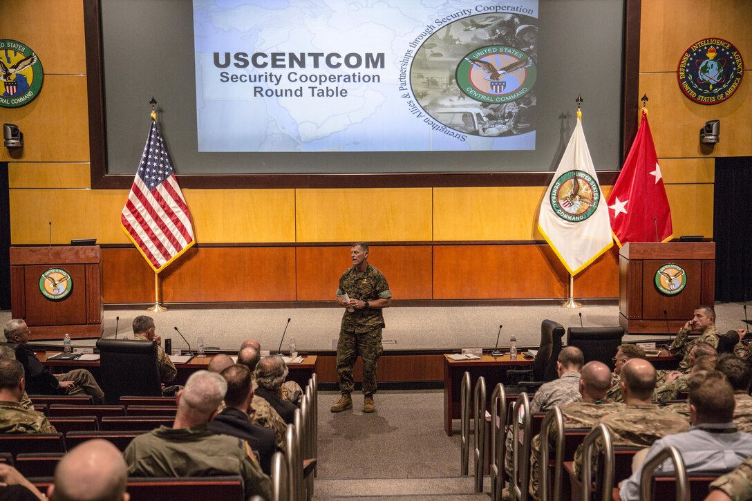 U.S. Marine Corps Maj. Gen. George Smith Jr., USCENTCOM Director, Strategy, Plans and Policy delivers wrap-up comments during the 2017 USCENTCOM Security Cooperation Round Table (CSCRT). The 3 day event consisted of presentations, planning sessions and Near East and South Asia (NESA) Center-facilitated panel discussions.