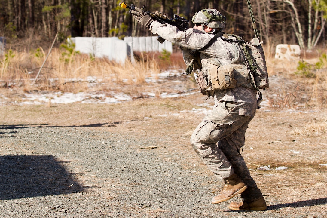 A soldier engages the enemy during a hasty raid training exercise as part of Warrior Exercise 78-17-01 at Joint Base McGuire-Dix Lakehurst, N.J., Army Reserve Photo by Master Sgt. Mark Bell 