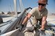 Staff Sgt. Dustin Brooks, a 577th Expeditionary Prime Beef Squadron structures craftsman, installs canvas onto a 4k dome at the 407th Air Expeditionary Group, March 21, 2017. Brooks was part of a team which deployed to assist the 407th Expeditionary Civil Engineer Squadron with erecting large structures on base. (U.S. Air Force photo/Master Sgt. Benjamin Wilson)