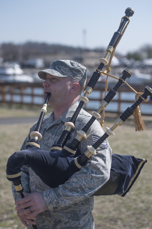 Tech. Sgt. Adam Tianello, U.S. Air Force Band Ceremonial Brass Band bagpiper, plays the bagpipe at Joint Base Anacostia-Bolling, Washington, D.C., March 9, 2017. Tianello joined the Band in 2013 as the only Air Force specialty code bagpiper. (U.S. Air Force photo by Airman 1st Class Rustie Kramer)