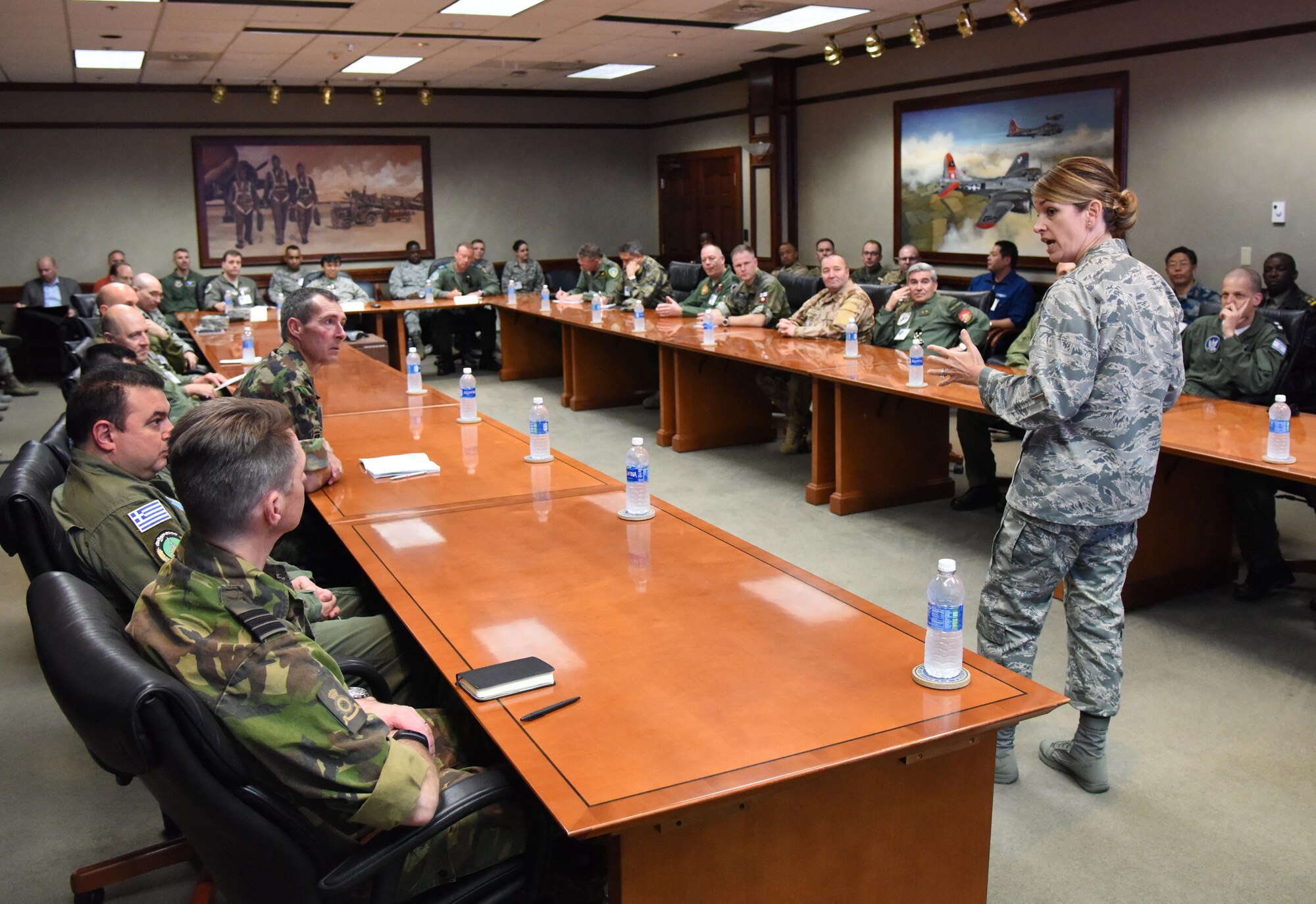 Col. Michele Edmondson, 81st Training Wing commander, delivers welcoming remarks during an Air Attaché visit at Stennis Hall March 20, 2017, on Keesler Air Force Base, Miss. The visit provided diplomatically accredited attachés with an overview of industrial, cultural and social aspects of the U.S. military and develop cordial relations amongst international attachés. (U.S. Air Force photo by Kemberly Groue)