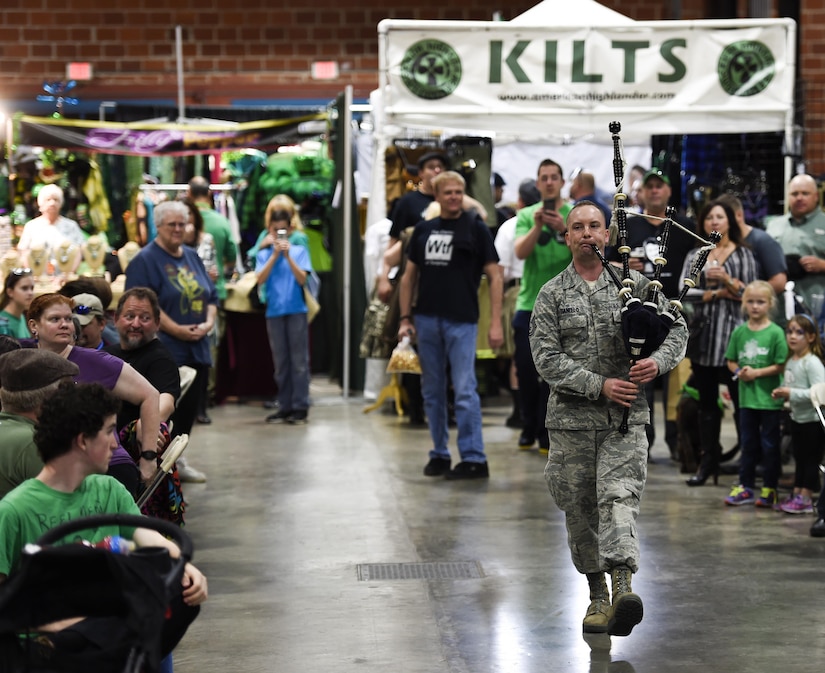 Tech. Sgt. Adam Tianello, U.S. Air Force's Celtic Aire bagpiper, performs for a crowd during the North Texas Irish Festival in Dallas, Texas, March 5, 2016. This year's festival was themed "Legends and Legacy" to highlight some of the true legends of Irish music as well as emerging musicians. 