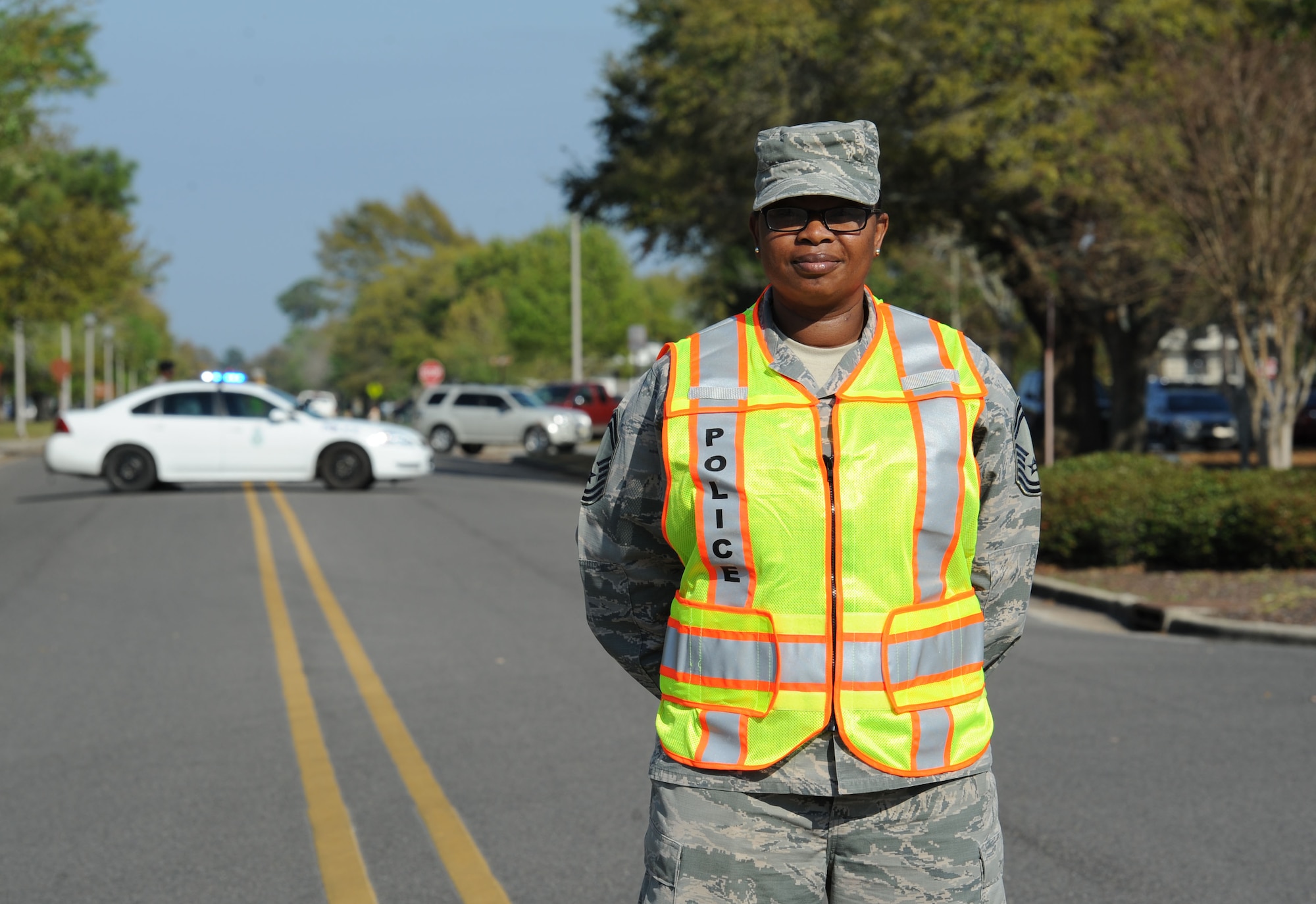 Senior Master Sgt. Lacreshia Trapp, 81st Communications Squadron superintendent, fulfills road guard duties during a Women’s History Month all-female retreat ceremony March 21, 2017, on Keesler Air Force Base, Miss. The theme of 2017 WHM is “Honoring Trailblazing Women in Labor and Business” to honor women who have successfully challenged the female role in business and the paid labor force. (U.S. Air Force photo by Kemberly Groue)