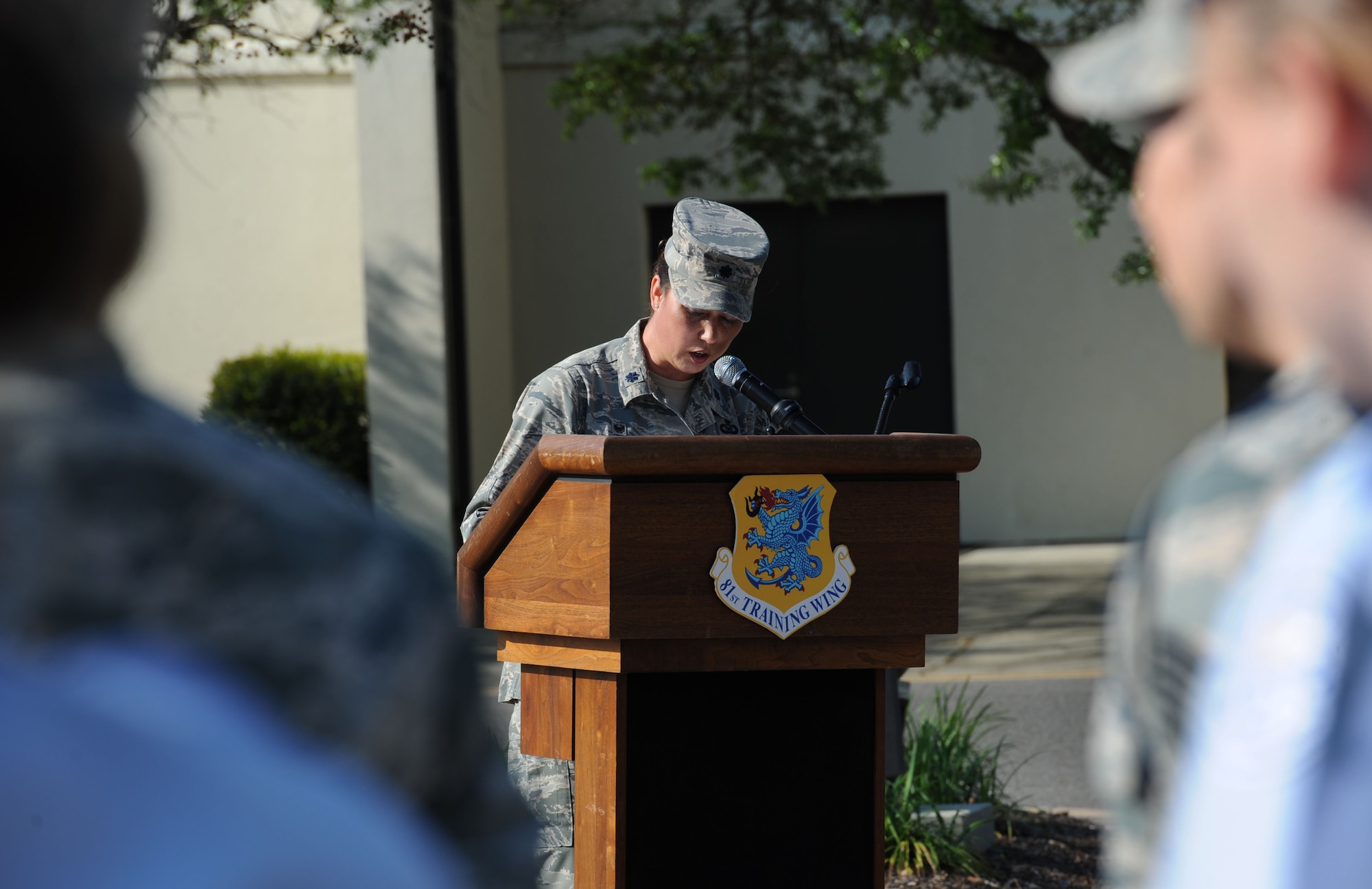 Lt. Col. Elizabeth Aptekar, 335th Training Squadron commander, delivers remarks during a Women’s History Month all-female retreat ceremony March 21, 2017, on Keesler Air Force Base, Miss. The theme of 2017 WHM is “Honoring Trailblazing Women in Labor and Business” to honor women who have successfully challenged the female role in business and the paid labor force (U.S. Air Force photo by Kemberly Groue)