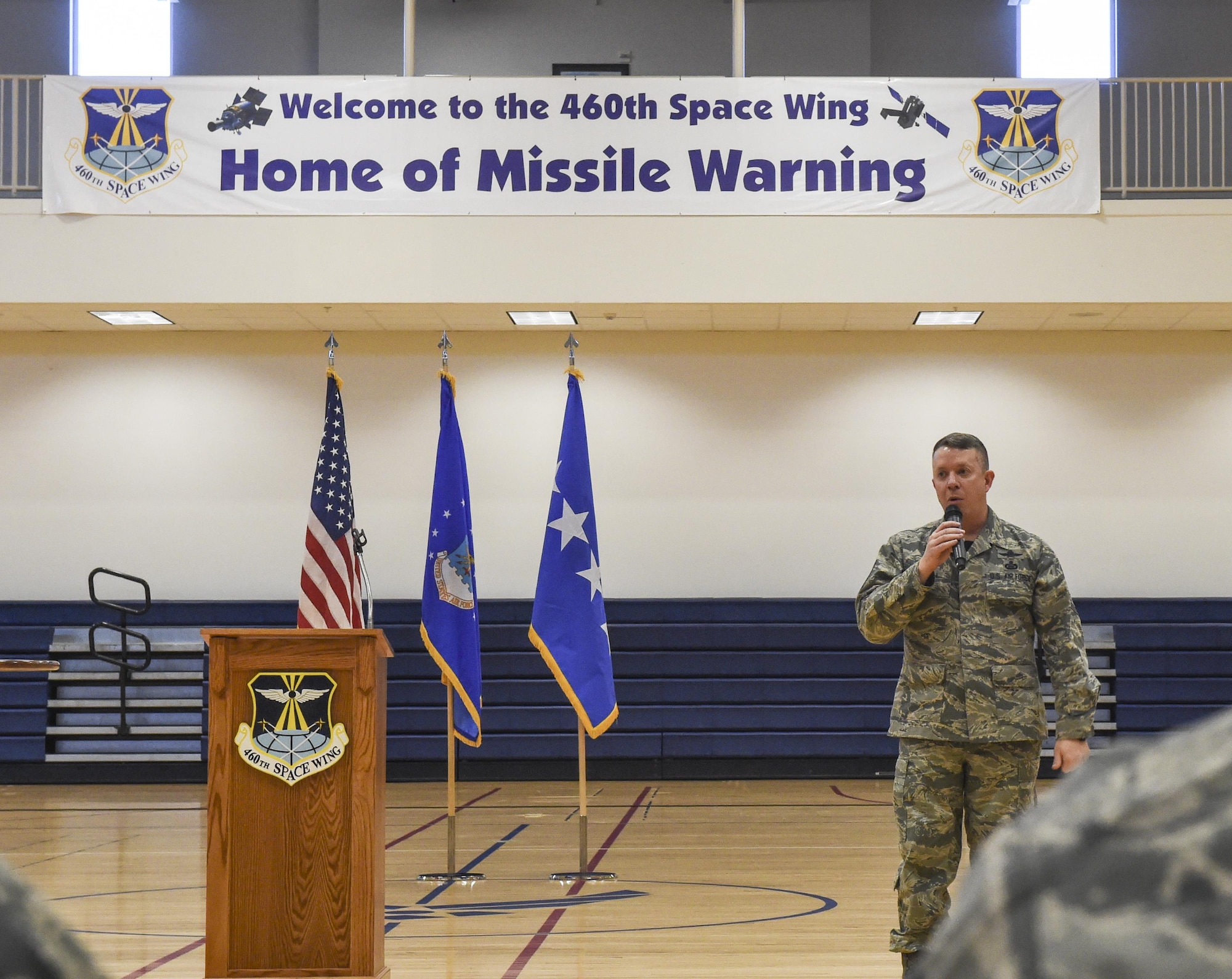 Chief Master Sgt. Brendan Criswell, command chief of Air Force Space Command, discusses the improvements to Enlisted Professional Development during a commander’s call March 17, 2017, at Buckley Air Force Base, Colo. Buckley boasts America’s Premier Space Wing, installation support to 95 multiservice and multinational units, a population of over 94,000 Team Buckley members, and a mission that is critical to the nation’s safety. (U.S. Air Force photo by Tech. Sgt. Nicholas Rau)   