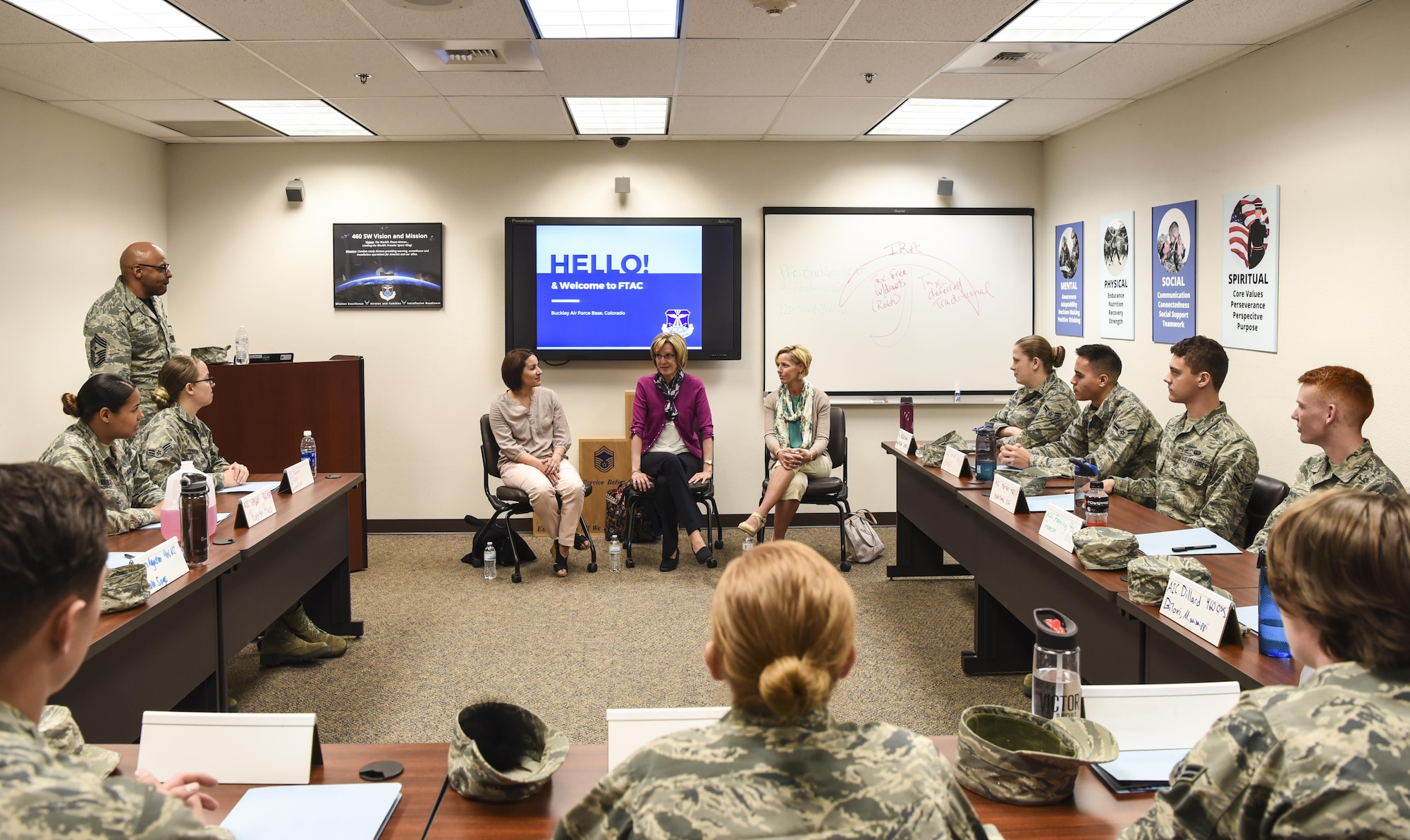 Mrs. Mollie Raymond, the general’s wife and quality of life champion, center, speaks with Airmen in the First Term Airmen Course, March 17, 2017, about their expectations while stationed here at Buckley Air Force Base, Colo. Buckley boasts America’s Premier Space Wing, installation support to 95 multiservice and multinational units, a population of over 94,000 Team Buckley members, and a mission that is critical to the nation’s safety. (U.S. Air Force photo by Airman Holden Faul)