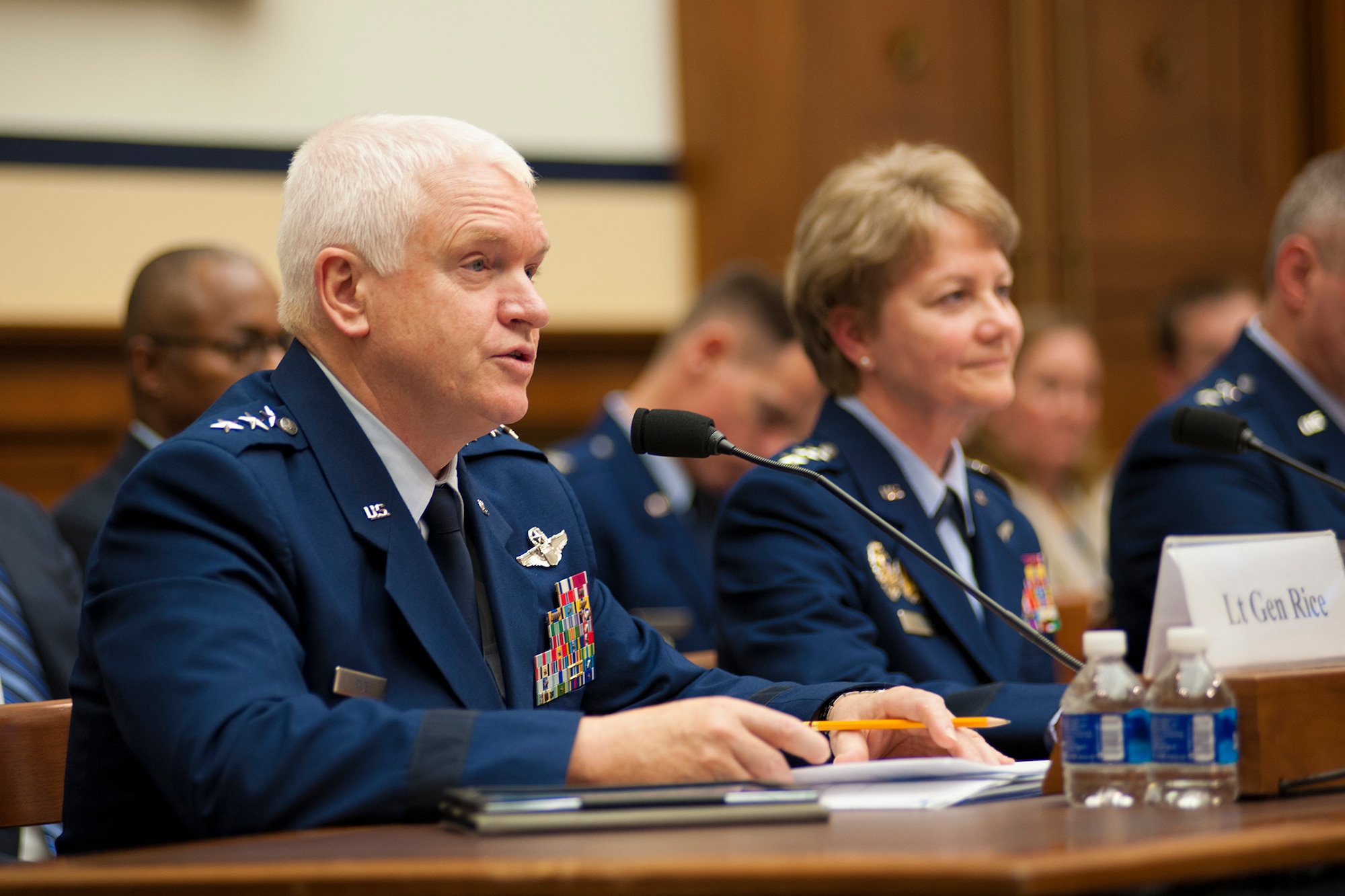 Lt. Gen. L. Scott Rice, director of the Air National Guard, discusses his top priorities for the Air National Guard during a House Armed Services Committee hearing on Capitol Hill, March 22, 2017. During the event, Rice, alongside leaders from the active Air Force and Air Force Reserve, discussed issues facing the Air Force with members of Congress. (U.S. Air Force photo/Tech. Sgt. Kat Justen)