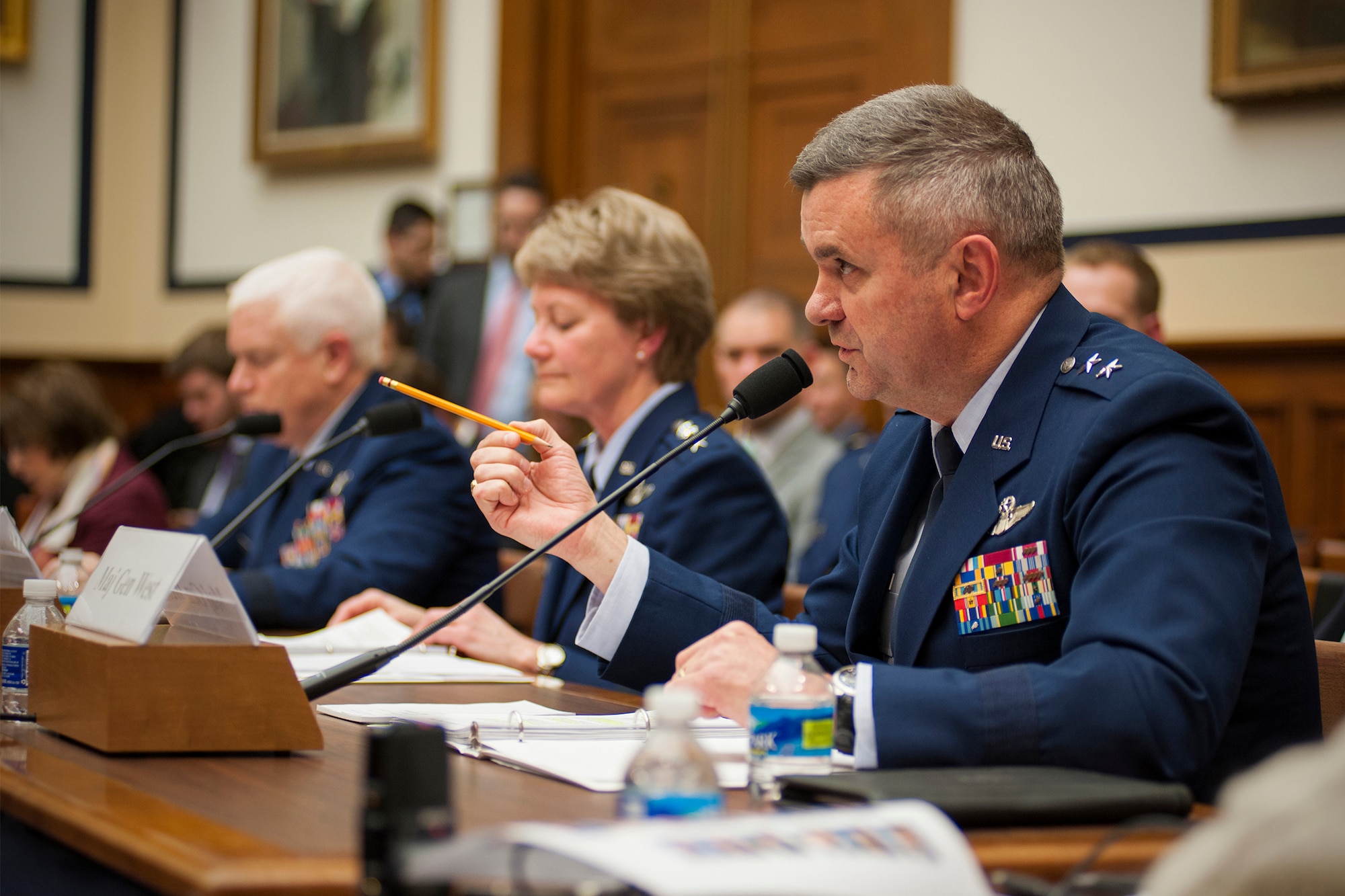 Maj. Gen. Scott D. West, the director of current operations and deputy chief of staff for operations, Headquarters U.S. Air Force, discusses his top priorities for the Air Force during a House Armed Services Committee hearing on Capitol Hill, March 22, 2017. During the event, West, alongside leaders from the Air Force Reserve and Air National Guard, discussed issues facing the Air Force with members of Congress. (U.S. Air Force photo/Tech. Sgt. Kat Justen)