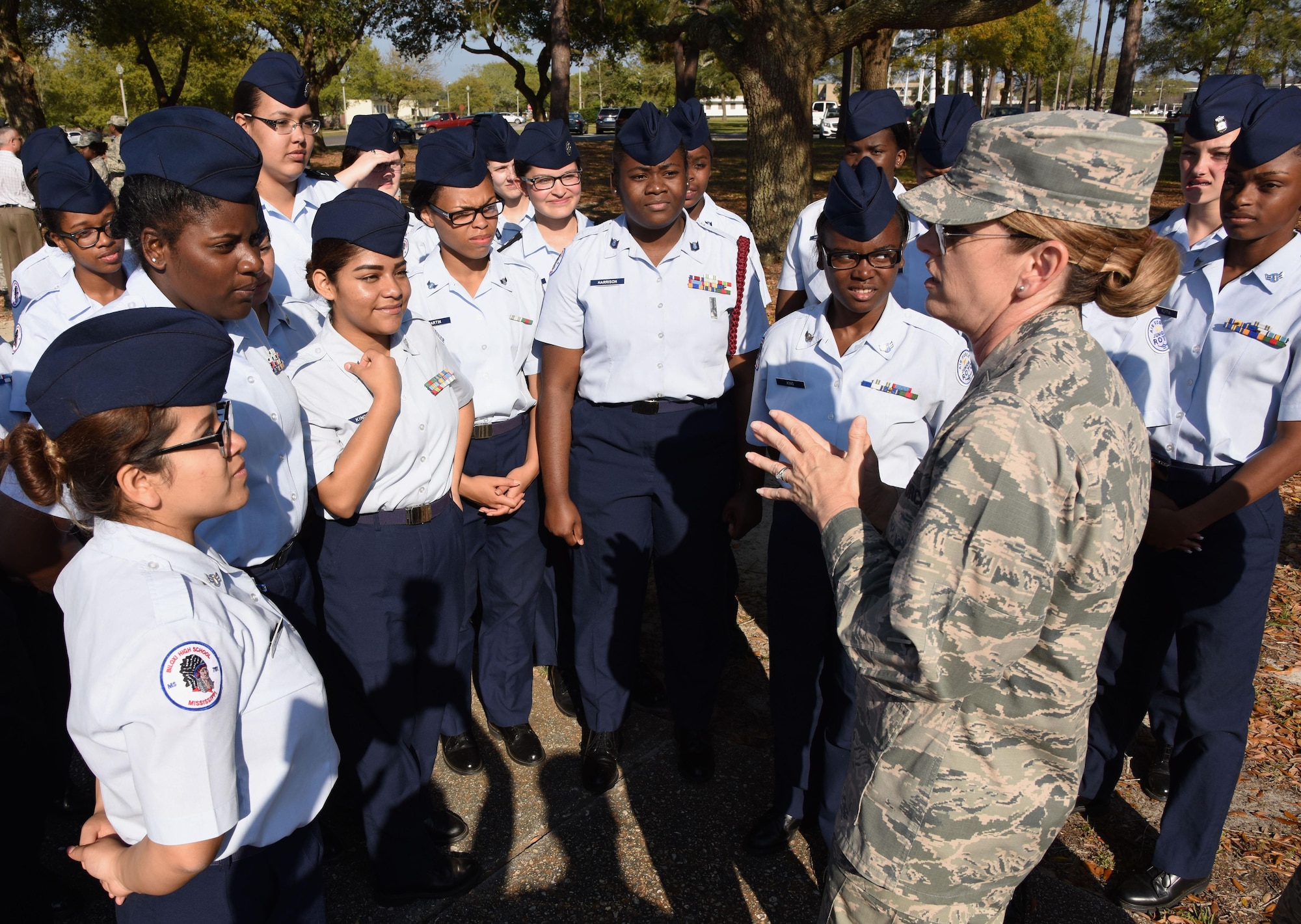 Col. Michele Edmondson, 81st Training Wing commander, speaks to Biloxi High School Junior ROTC cadets following a Women’s History Month all-female retreat ceremony March 21, 2017, on Keesler Air Force Base, Miss. The theme of 2017 WHM is “Honoring Trailblazing Women in Labor and Business” to honor women who have successfully challenged the female role in business and the paid labor force. (U.S. Air Force photo by Kemberly Groue)