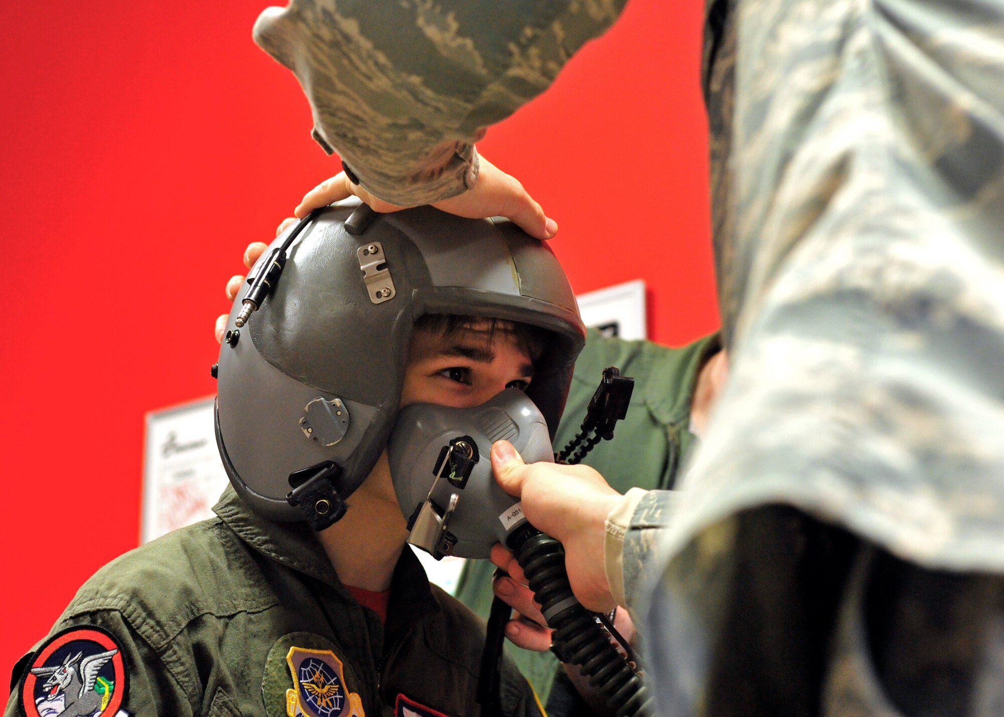Stillen Rivera, Team McChord’s newest “Pilot for a Day” participant, gets the pilot treatment during a visit to the 62nd Operations Support Squadron Aircrew Flight Equipment section, March 23, 2017 at Joint Base Lewis-McChord, Wash. The “Pilot for a Day” program has been hosted by Team McChord for the past several years, and seeks to fulfil the dreams of youth with limiting disabilities. (U.S. Air Force photo/Staff Sgt. Whitney Amstutz)