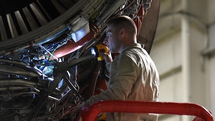 Staff Sgt. Lewis Cole, 514th Maintenance Squadron propulsion flight air reserve technician, performs maintenance on a C-17 Globemaster III jet engine at Joint Base McGuire-Dix-Lakehurst, New Jersey, March 23, 2017. The 305th Maintenance Squadron is total force and utilizes the knowledge and skill of a team of active duty and reserve airmen as well as civilian members. 
