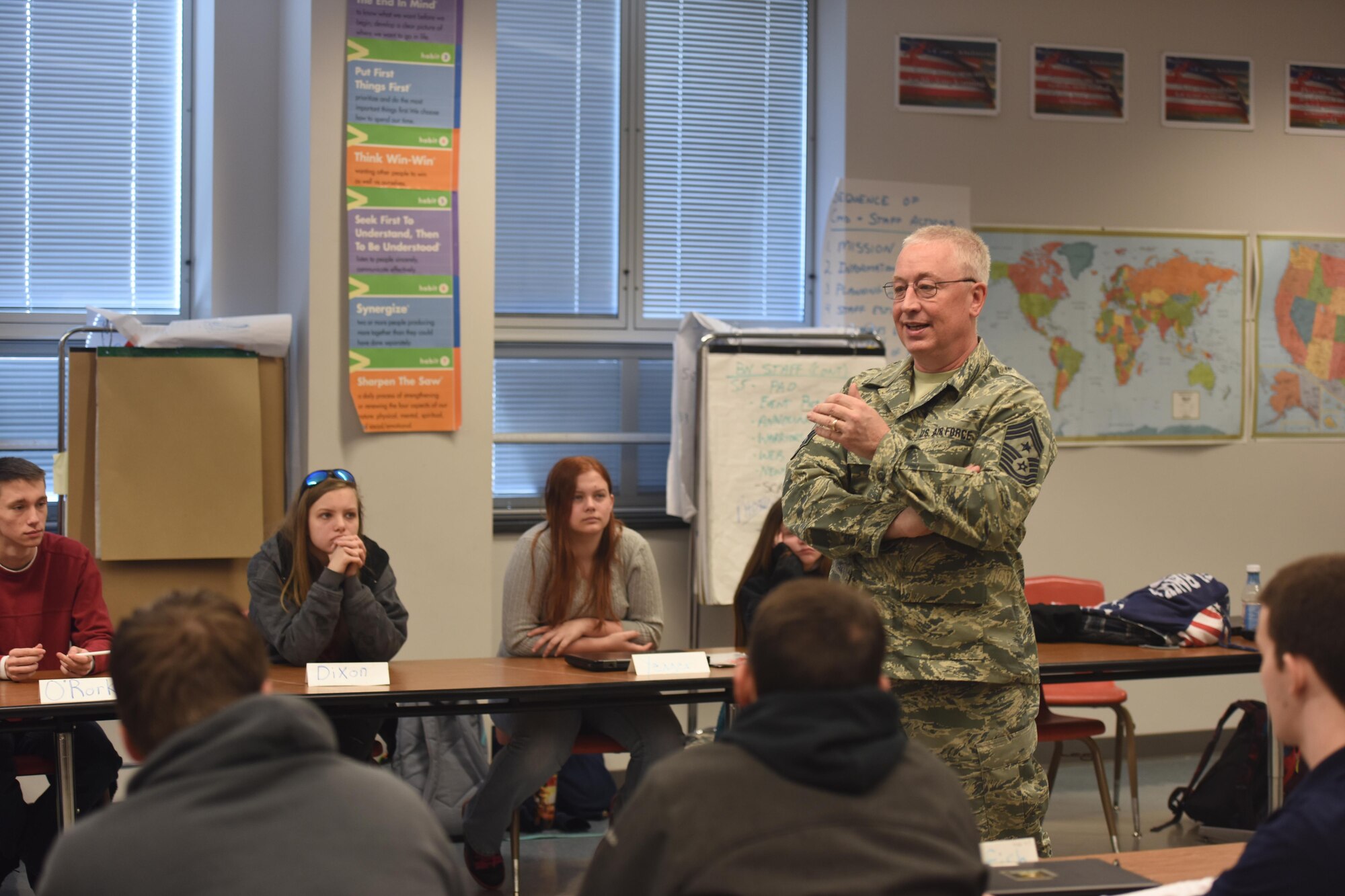 Chief Master Sgt. William Yingling, 193rd Special Operations Wing’s newest command chief, speaks to a Junior Reserve Officer Training Corps class at Gettysburg High School, Gettysburg, Pennsylvania, March 23, 2017. Yingling, 1986 Gettysburg HS graduate, joined Tech Sgt. Jordan Parrish, 193rd SOW production recruiter and retainer, and Airman 1st Class Chase Deckert, 2016 Gettysburg HS graduate and 193rd SOW Airman, in educating the JROTC class about the career opportunities and benefits that the 193rd SOW has to offer. (U.S. Air National Guard Photo by Master Sgt. Culeen Shaffer/Released)