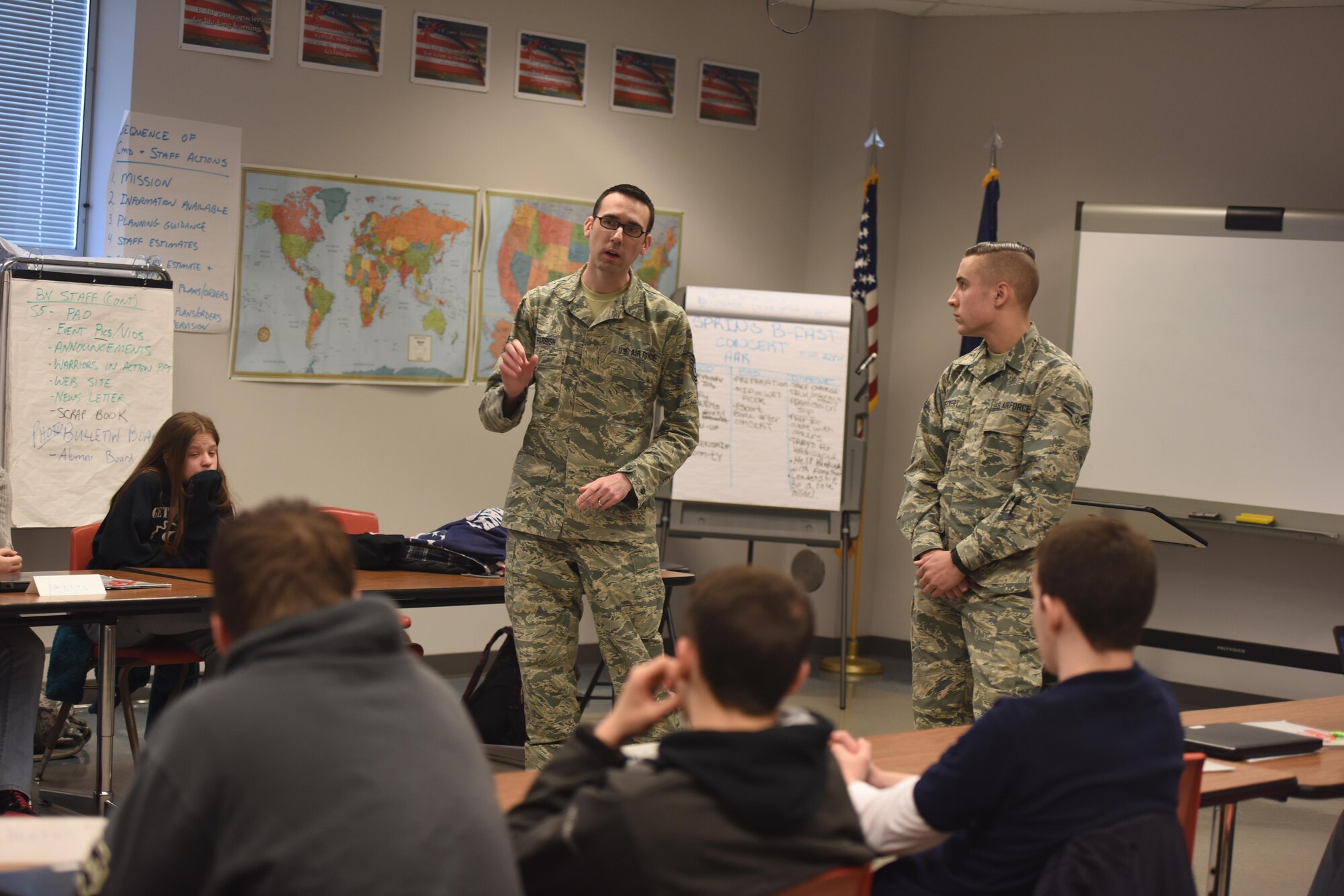 Tech. Sgt. Jordan Parrish, left, 193rd Special Operations Wing production recruiter and retainer, speaks to a Junior Reserve Officer Training Corps class at Gettysburg High School, Gettysburg, Pennsylvania, March 23, 2017. Parrish, went to talk to the JROTC class about the career opportunities and benefits that the 193rd SOW has to offer. (U.S. Air National Guard Photo by Master Sgt. Culeen Shaffer/Released)