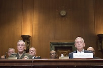 Defense Secretary James N. Mattis and Marine Corps Gen. Joseph F. Dunford Jr., chairman of the Joint Chiefs of Staff, speaks before the U.S. Senate Committee on Appropriations Department of Defense fiscal year 2017 budget hearing, on Capitol Hill, March 22, 2017. 