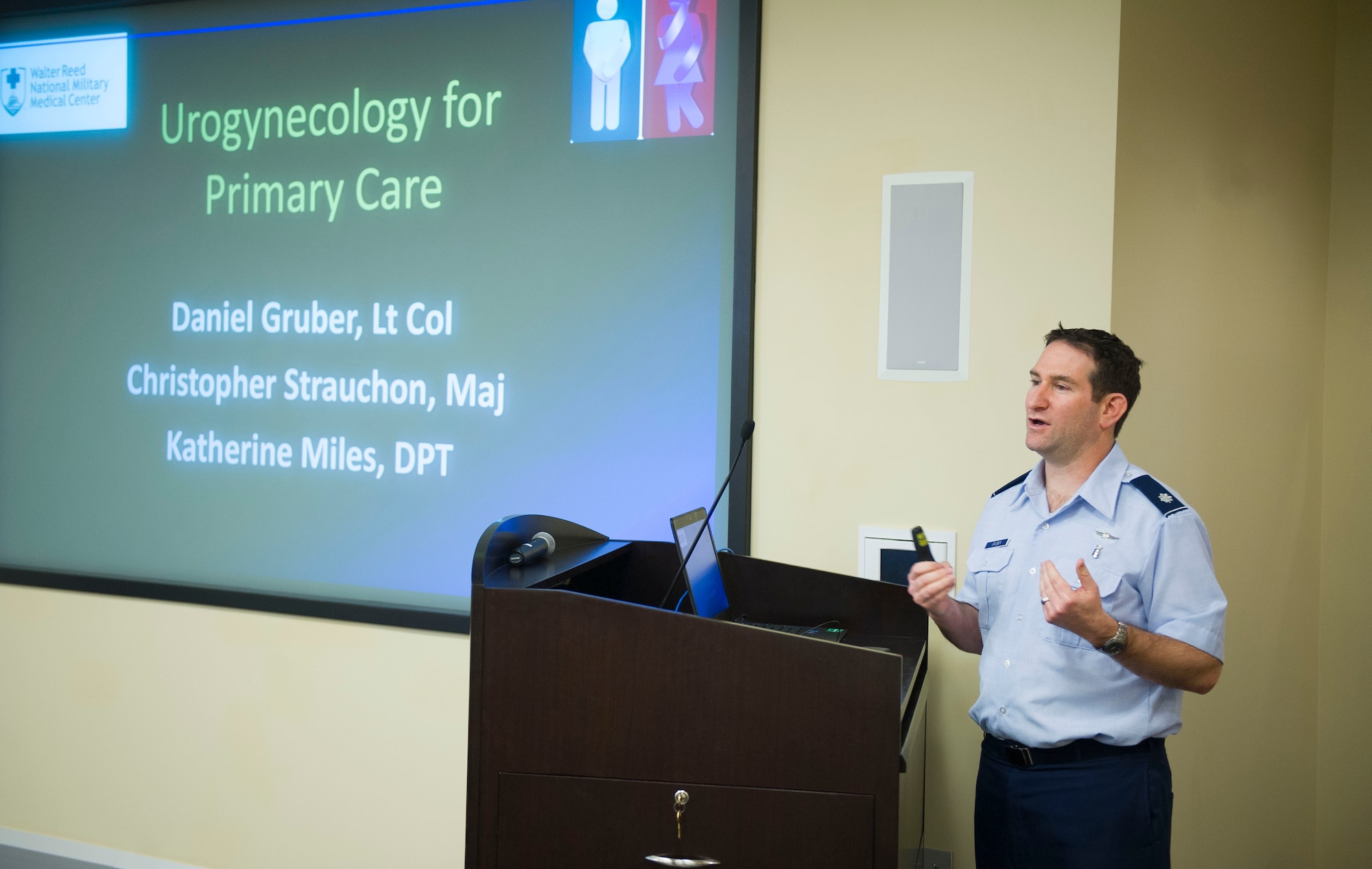Dr. Daniel Gruber, 779th Surgical Operations Squadron female pelvic medicine and reconstructive surgery director, gives a lecture on Urogynecology at the Smart Center on Joint Base Andrews, March 24, 2017. The lecture, encompassing primary care, physical therapy and surgical care, was available to all 79th Medical Wing providers and even qualified for a Continuing Medical Education credit. (U.S. Air Force photo by Staff Sgt. Chad C. Strohmeyer)