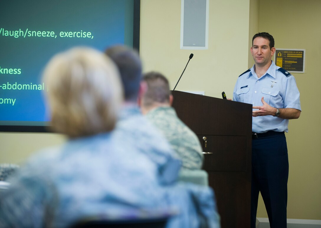 Dr. Daniel Gruber, 779th Surgical Operations Squadron female pelvic medicine and reconstructive surgery director, gives a lecture on Urogynecology at the Smart Center on Joint Base Andrews, March 24, 2017. The lecture, encompassing primary care, physical therapy and surgical care, was available to all 79th Medical Wing providers and even qualified for a Continuing Medical Education credit. (U.S. Air Force photo by Staff Sgt. Chad C. Strohmeyer)