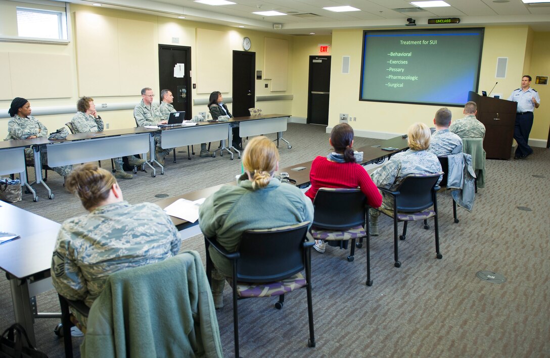 Dr. Daniel Gruber, 779th Surgical Operations Squadron female pelvic medicine and reconstructive surgery director, gives a lecture on Urogynecology at the Smart Center on Joint Base Andrews March 24, 2017. The lecture, encompassing primary care, physical therapy and surgical care, was available to all 79th Medical Wing providers and even qualified for a Continuing Medical Education credit. (U.S. Air Force photo by Staff Sgt. Chad C. Strohmeyer)
