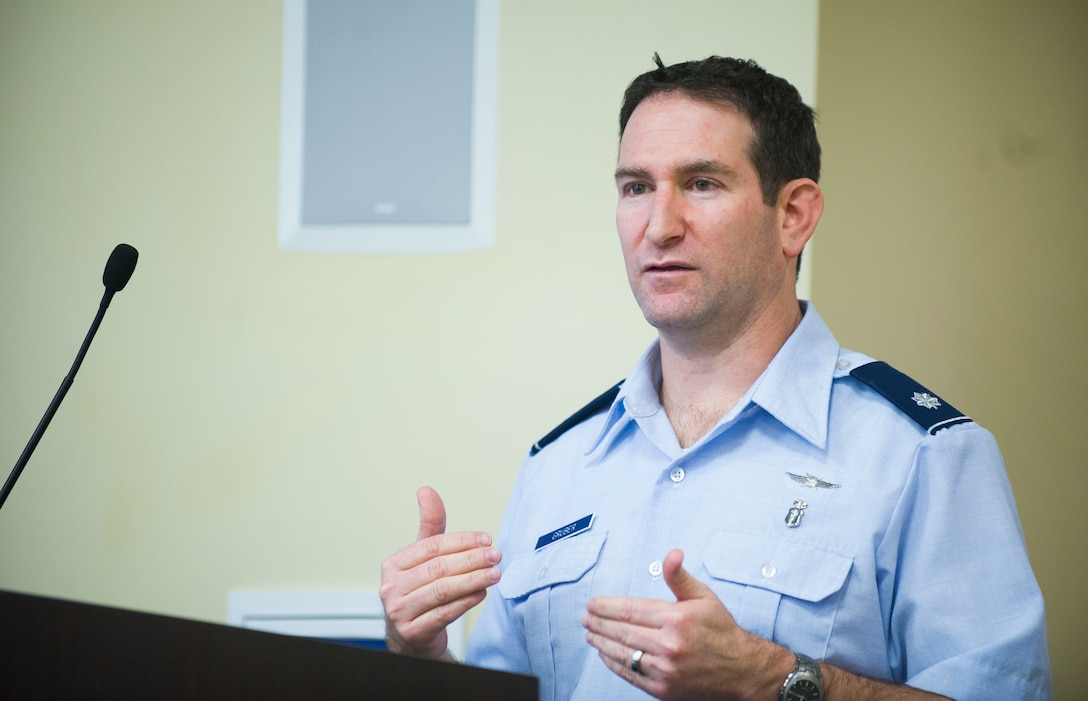 Dr. Daniel Gruber, 779th Surgical Operations Squadron female pelvic medicine and reconstructive surgery director, gives a lecture on Urogynecology at the Smart Center on Joint Base Andrews March 24, 2017. The lecture, encompassing primary care, physical therapy and surgical care, was available to all 79th Medical Wing providers and even qualified for a Continuing Medical Education credit. (U.S. Air Force photo by Staff Sgt. Chad C. Strohmeyer)