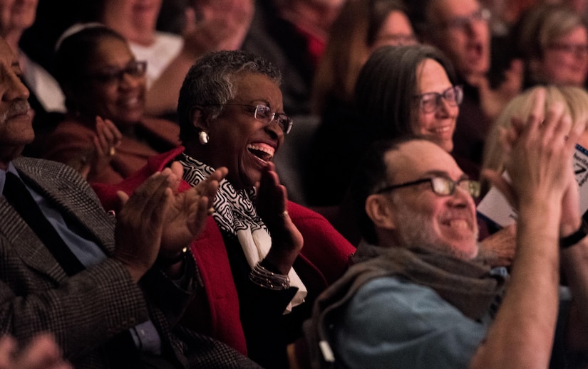 Audience members celebrate at the end of a Jazz Heritage Series performance by the U.S. Air Force Band Airmen of Note and Peter Erskine, American jazz drummer, in Alexandria, Va., March 23, 2017. The series began in 1990 and is broadcast to millions each year through National Public Radio, independent jazz radio stations, satellite radio services and the internet. (U.S. Air Force photo by Senior Airman Jordyn Fetter)