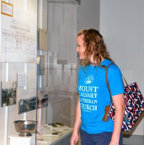 Lauren Hannemann views an exhibit at the Fort Sam Houston Museum. Located in the historic Quadrangle, the museum contains six rooms of exhibits, displays and artifacts on the history of Fort Sam Houston and a reference library and archives.