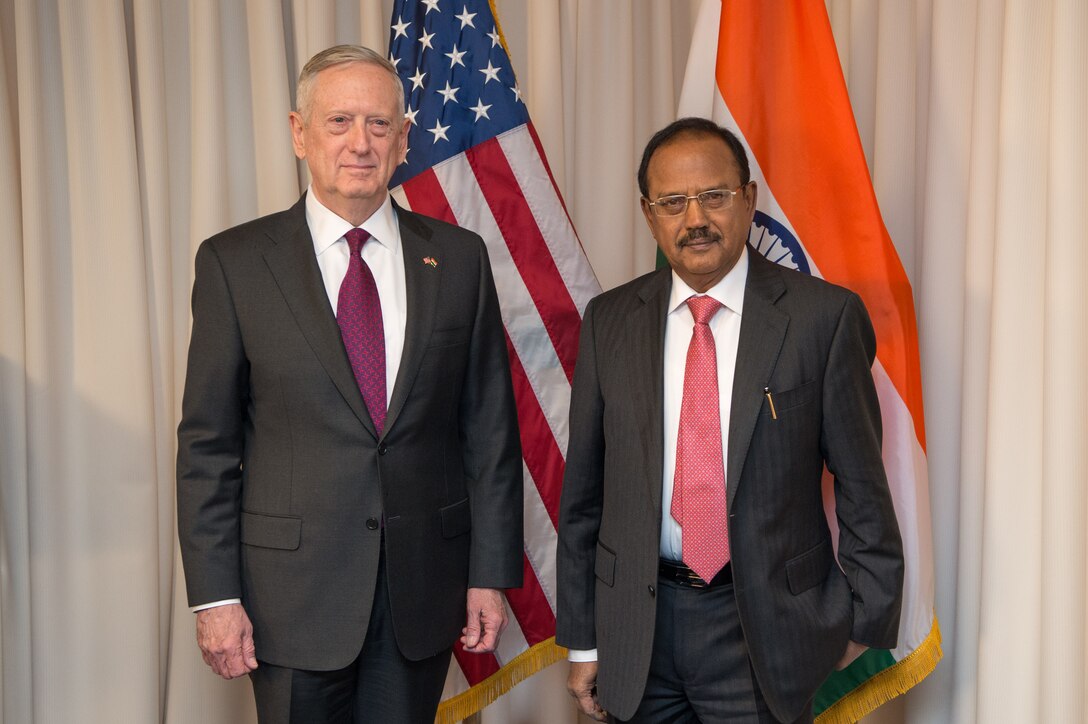Defense Secretary Jim Mattis stands for a photo with India's National Security Advisor Ajit Doval at the Pentagon, March 24, 2017. DOD photo by Air Force Staff Sgt. Jette Carr