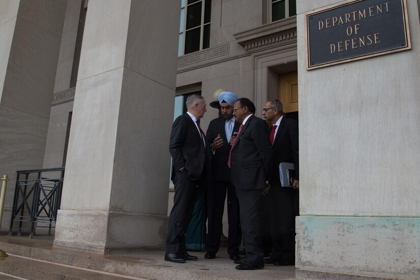 Defense Secretary Jim Mattis speaks with India’s National Security Advisor Ajit Kumar Doval before a meeting at the Pentagon, March 24, 2017. DOD photo by Army Sgt. Amber I. Smith