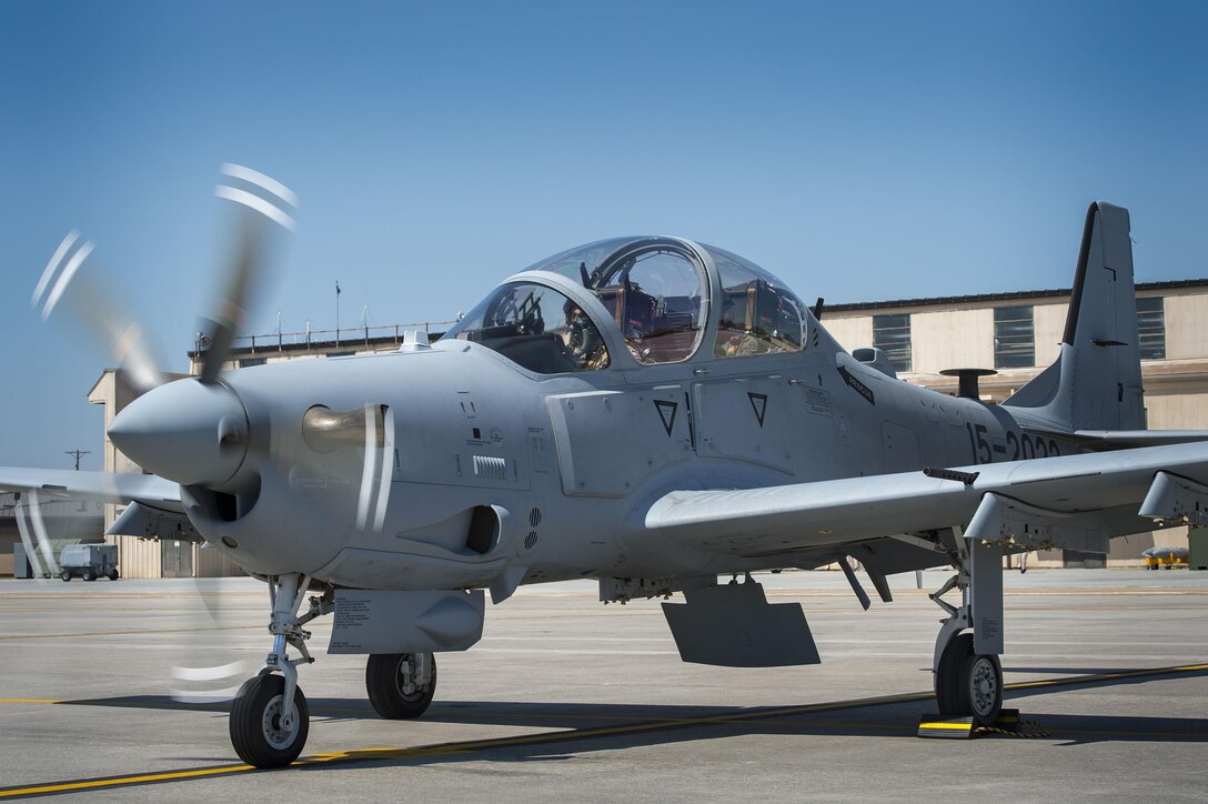 A Lebanese A-29 Super Tucano student pilot and a U.S. instructor pilot from the 81st Fighter Squadron, conduct the first “in-seat” training sortie, March 22, 2017, at Moody Air Force Base, Ga. The program began in March 2017 and is designed to ensure the Lebanon air force receives the support and training needed to safely and effectively employ the A-29 Aircraft. (U.S. Air Force photo by Tech. Sgt. Zachary Wolf)