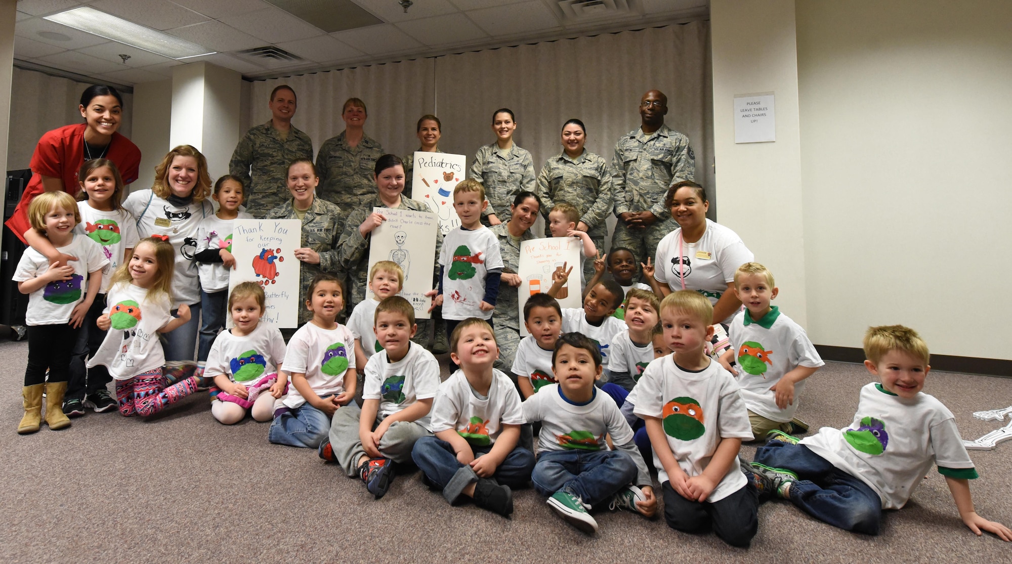 Members from the 4th Medical Group visited with 4th Force Support Squadron Child Development Center preschool children, March 21, 2017, at Seymour Johnson Air Force Base, North Carolina. The children explored the pediatric clinic, met the doctors and learned about practicing healthy habits.(U.S. Air Force photo by Airman 1st Class Victoria Boyton)